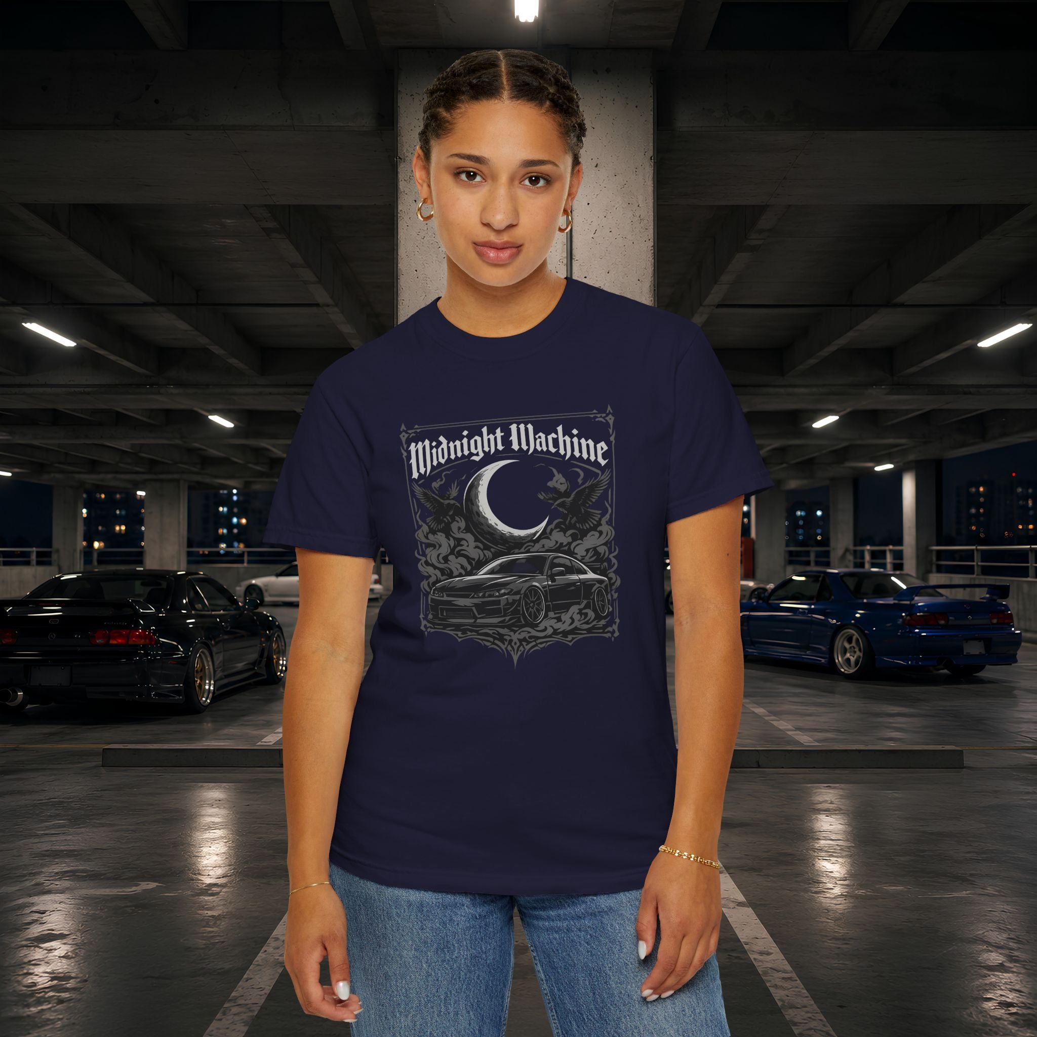 Midnight Machine Graphic T-Shirt — Retro Car Moon Tee for Night Drivers