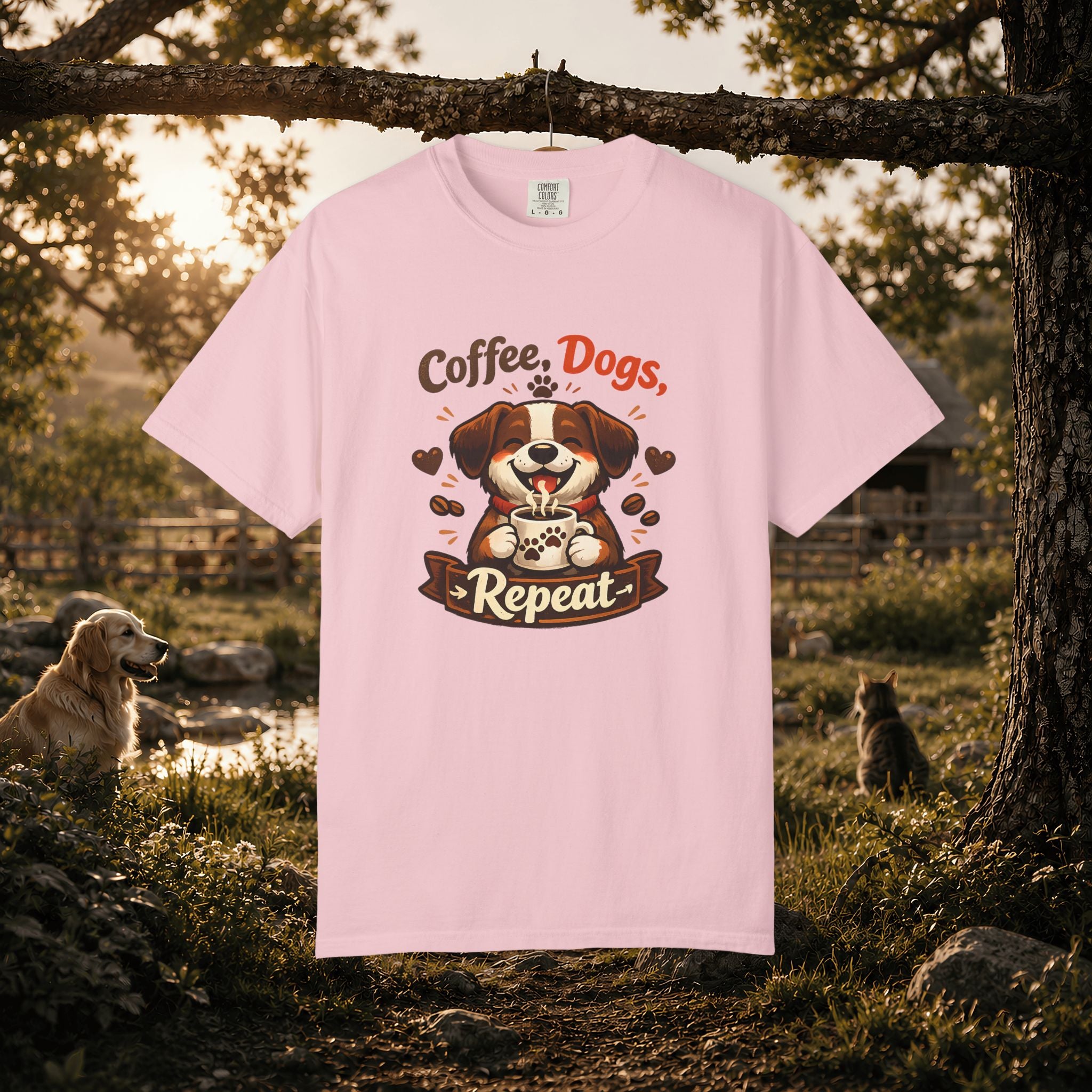 "Coffee, Dogs, Repeat" Cute Dog & Coffee Graphic T-Shirt