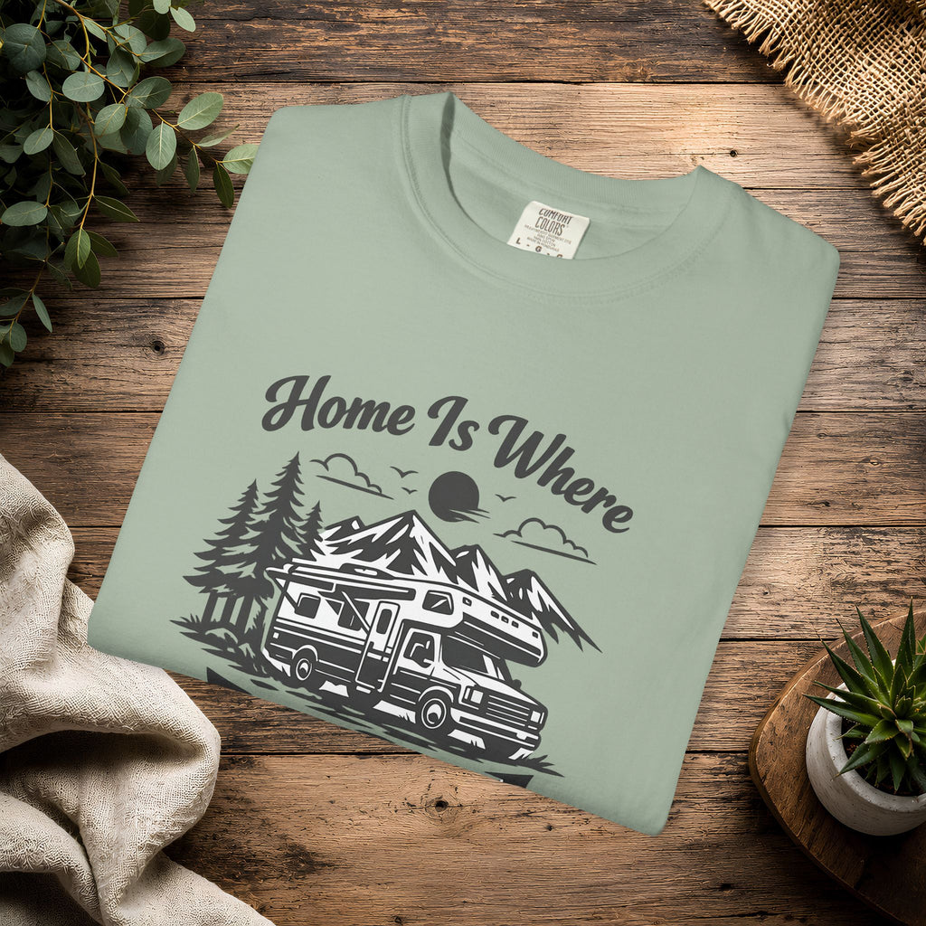 RV Camper T-Shirt — "Home Is Where We Park It" Graphic Tee for RV & van life lovers