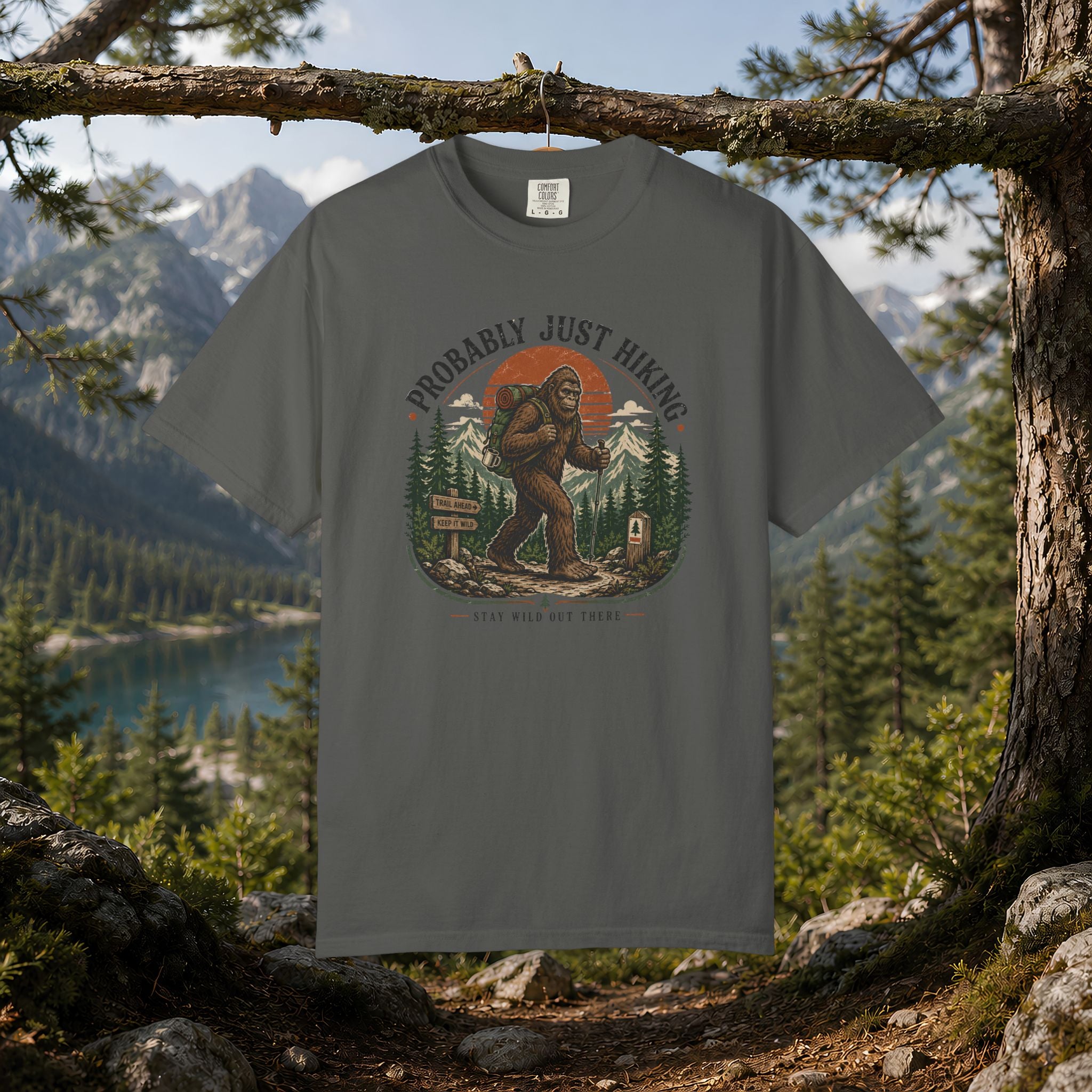 Probably Just Hiking T-Shirt — Bigfoot Forest Adventure Tee