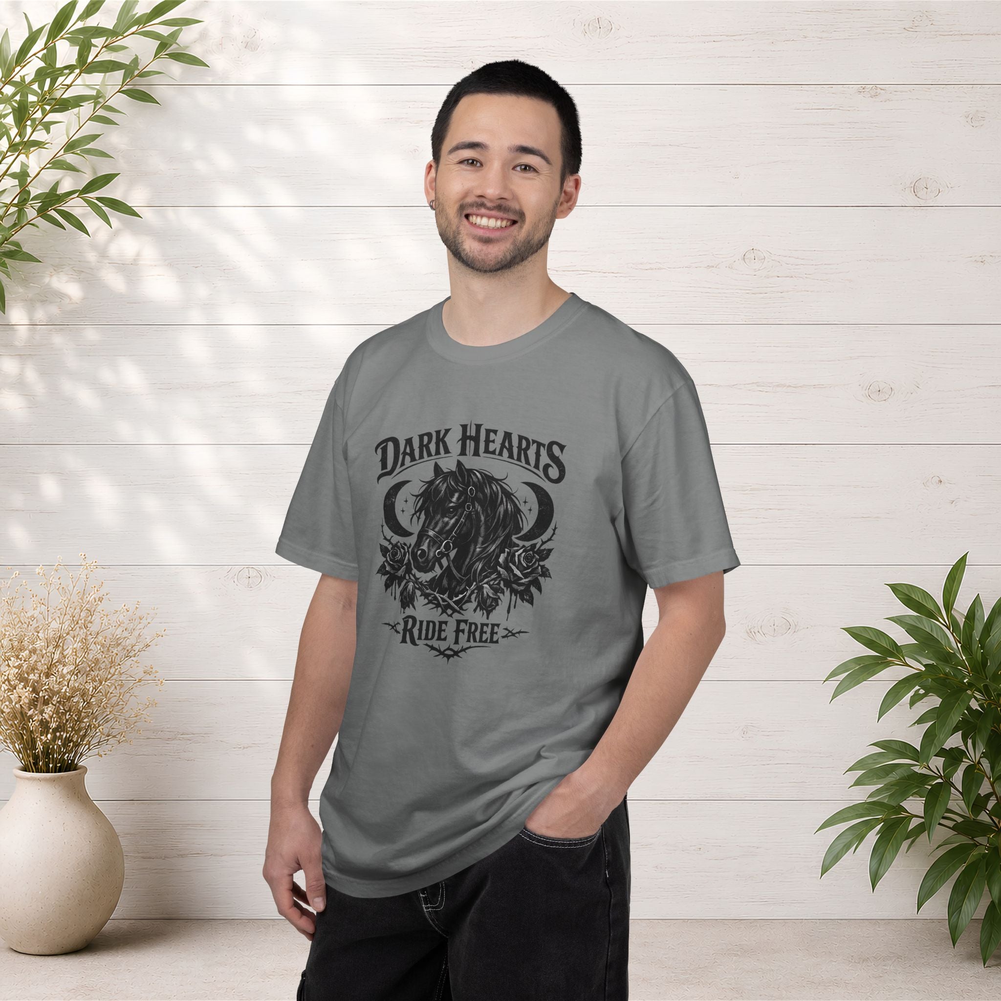 Dark Hearts Ride Free T-Shirt — Gothic Horse Rider Graphic Tee