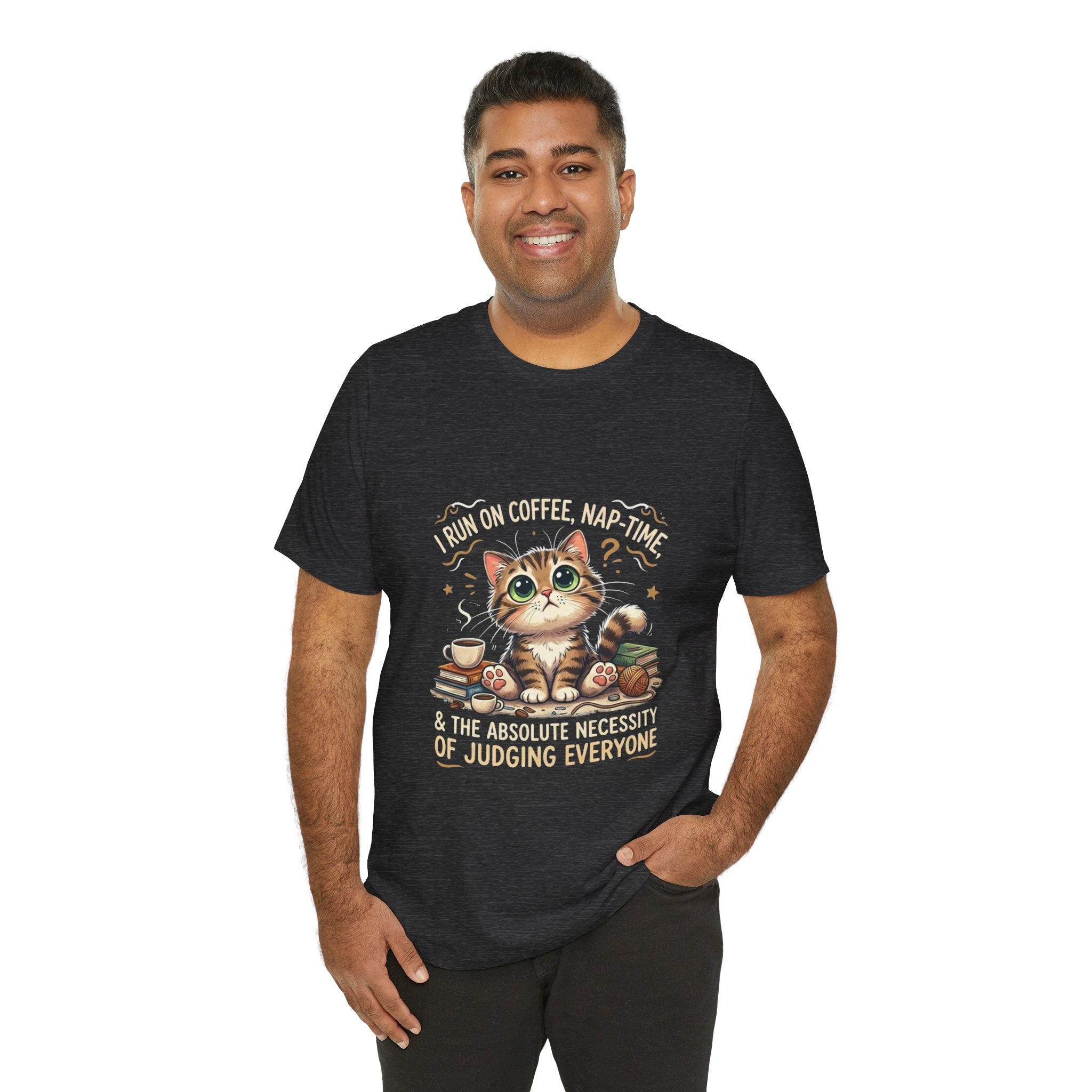 Judging Cat Coffee Books T-Shirt | Cozy Kitty Illustration Tee