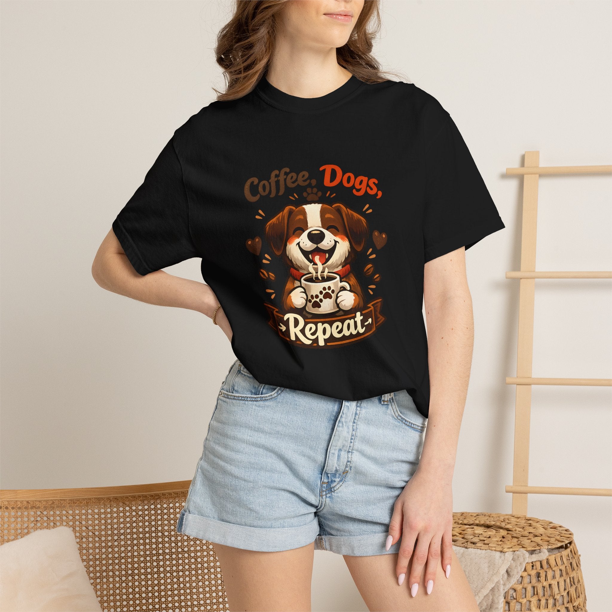 "Coffee, Dogs, Repeat" Cute Dog & Coffee Graphic T-Shirt