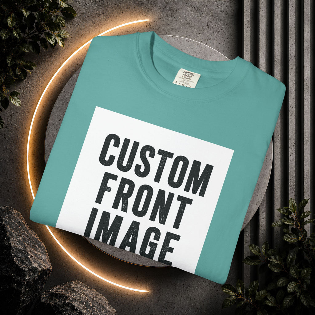 Custom Front Square Print T-Shirt — Personalized Text Bottom & Image Tee