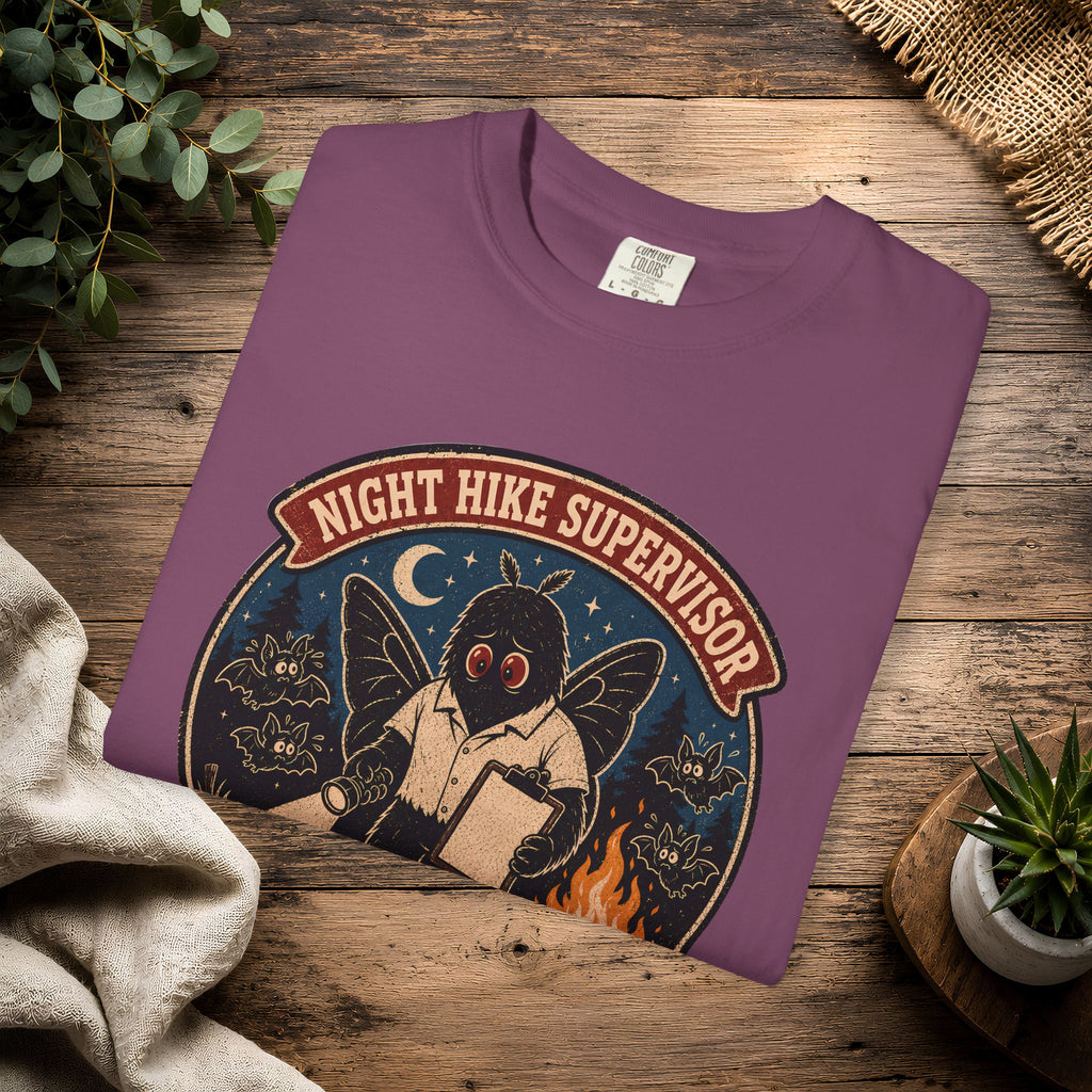 Night Hike Supervisor Mothman T‑Shirt — Camp Cryptid Retro Outdoor Badge