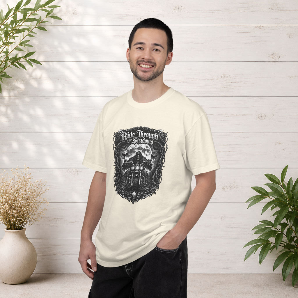 Ride Through Shadows T-Shirt — Gothic Skull Motorcycle Graphic Tee