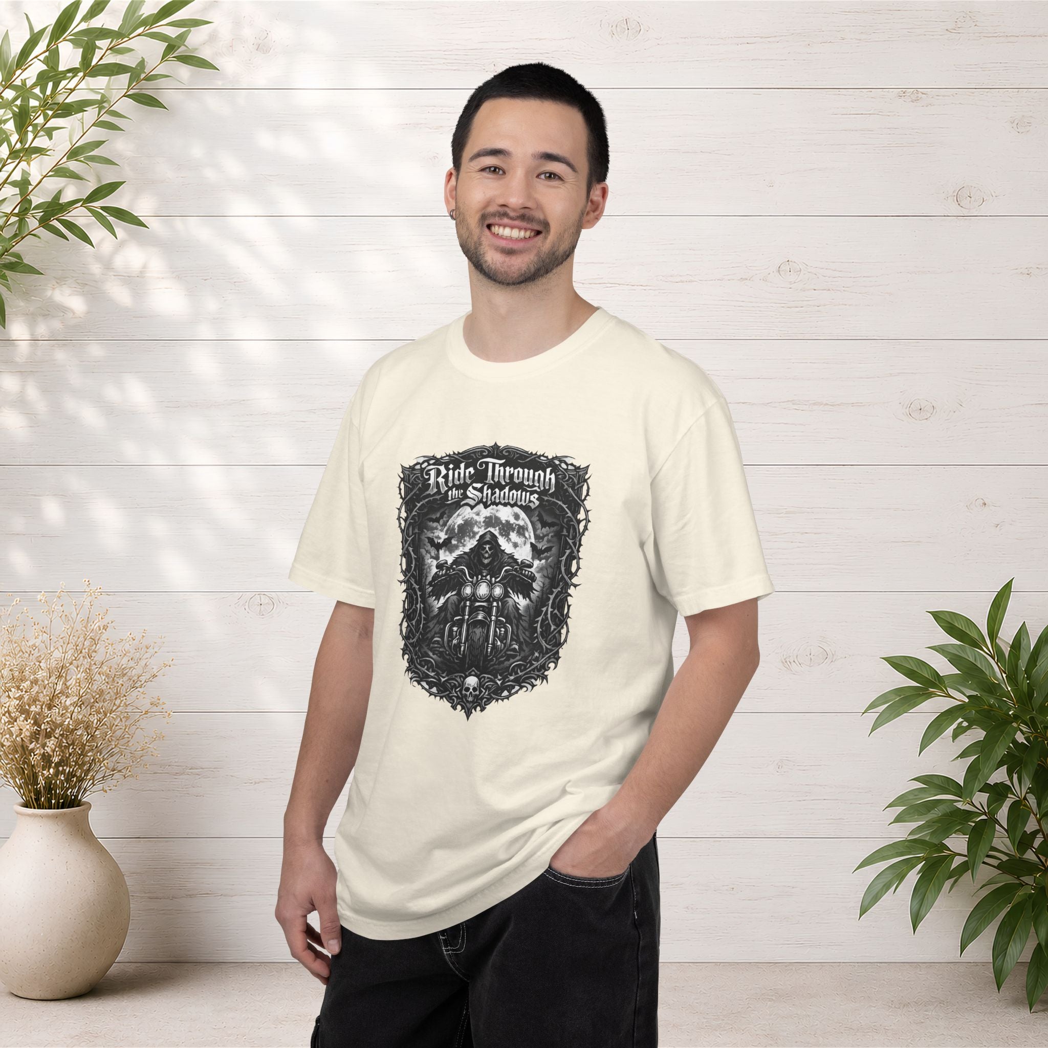 Ride Through Shadows T-Shirt — Gothic Skull Motorcycle Graphic Tee