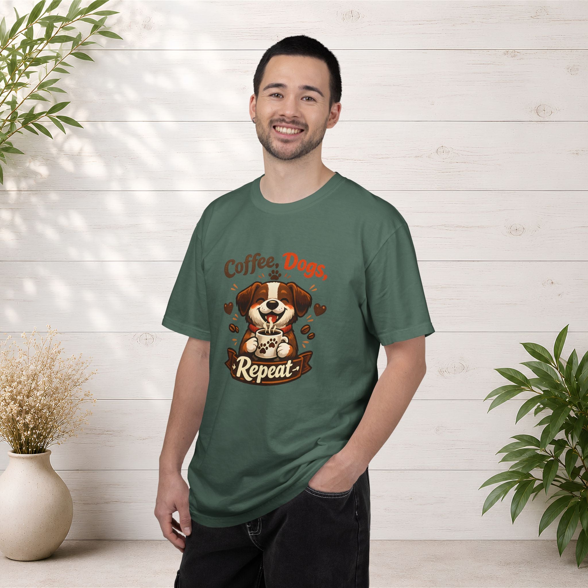 "Coffee, Dogs, Repeat" Cute Dog & Coffee Graphic T-Shirt