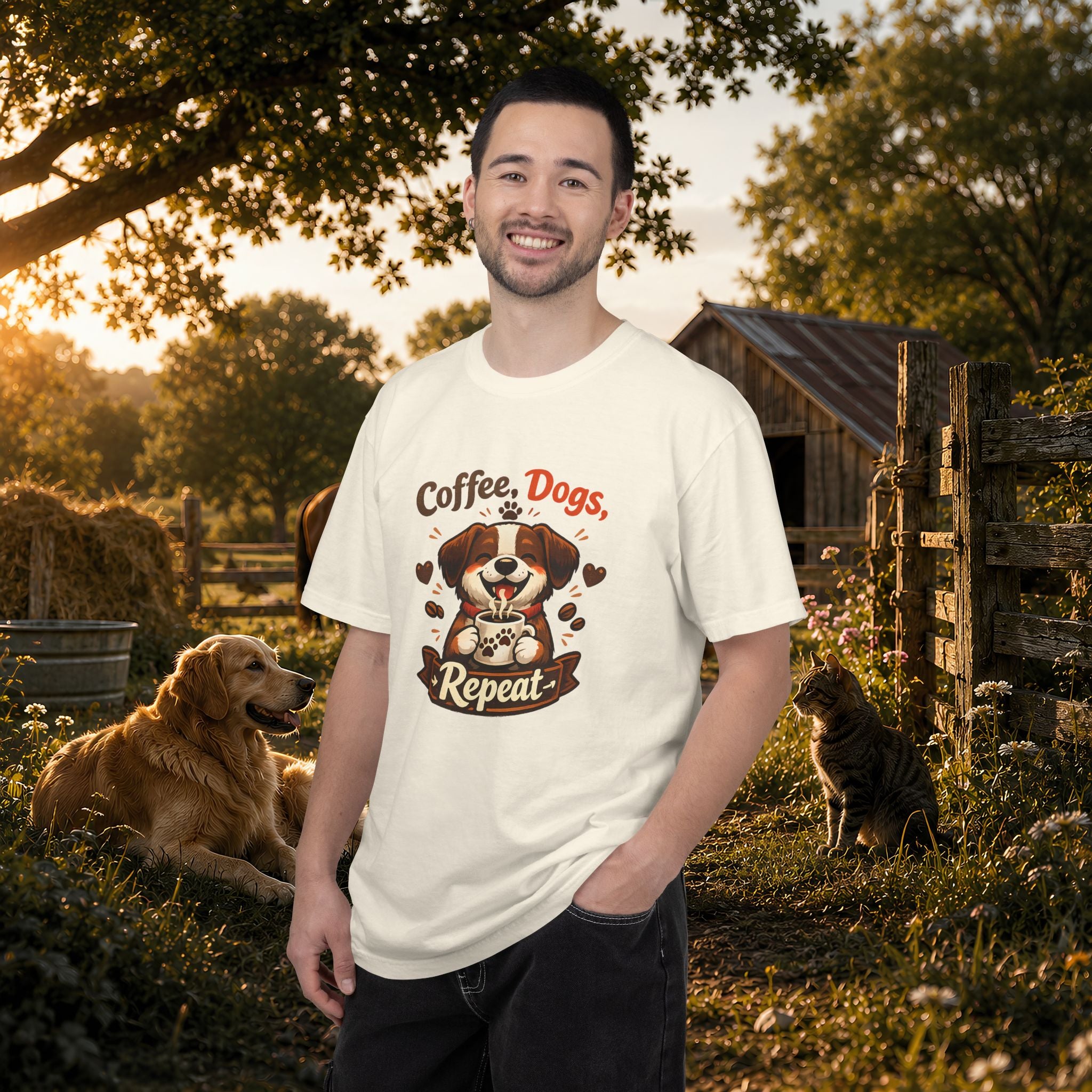 "Coffee, Dogs, Repeat" Cute Dog & Coffee Graphic T-Shirt