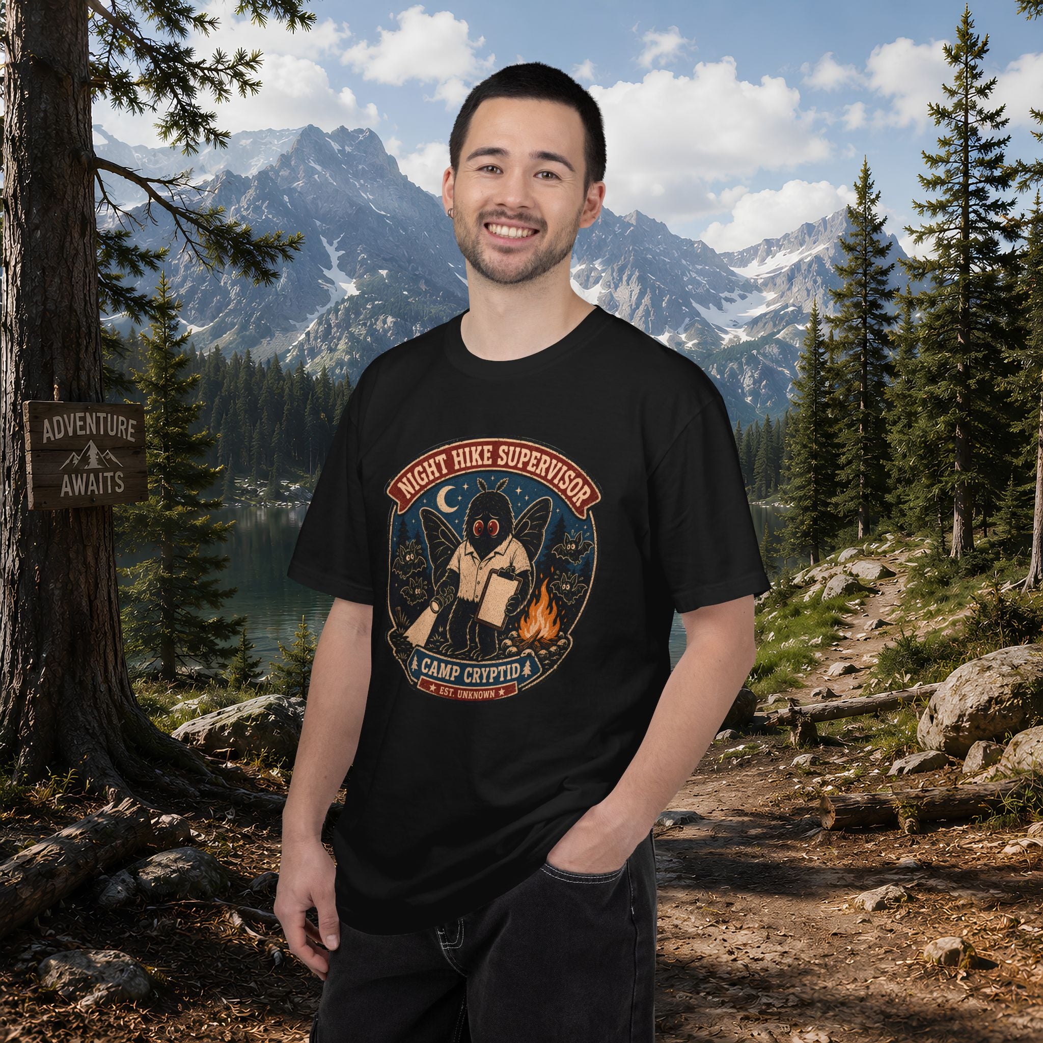 Night Hike Supervisor Mothman T‑Shirt — Camp Cryptid Retro Outdoor Badge