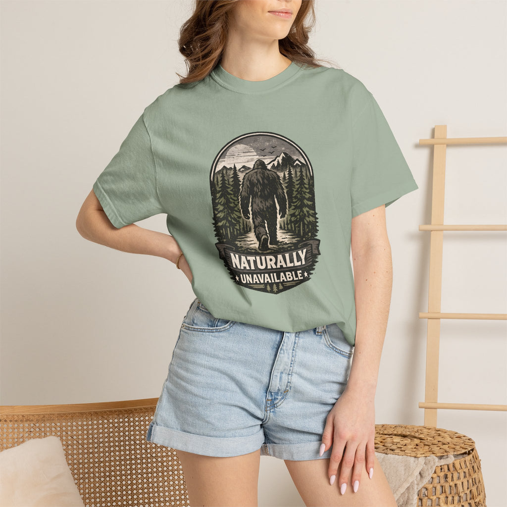 Bigfoot 'Naturally Unavailable' T-Shirt — Bigfoot Walking Into Forest Graphic