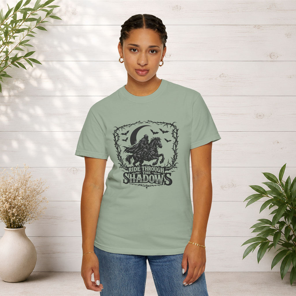 Ride Through Shadows T-Shirt — Gothic Raven Horse Moon Design