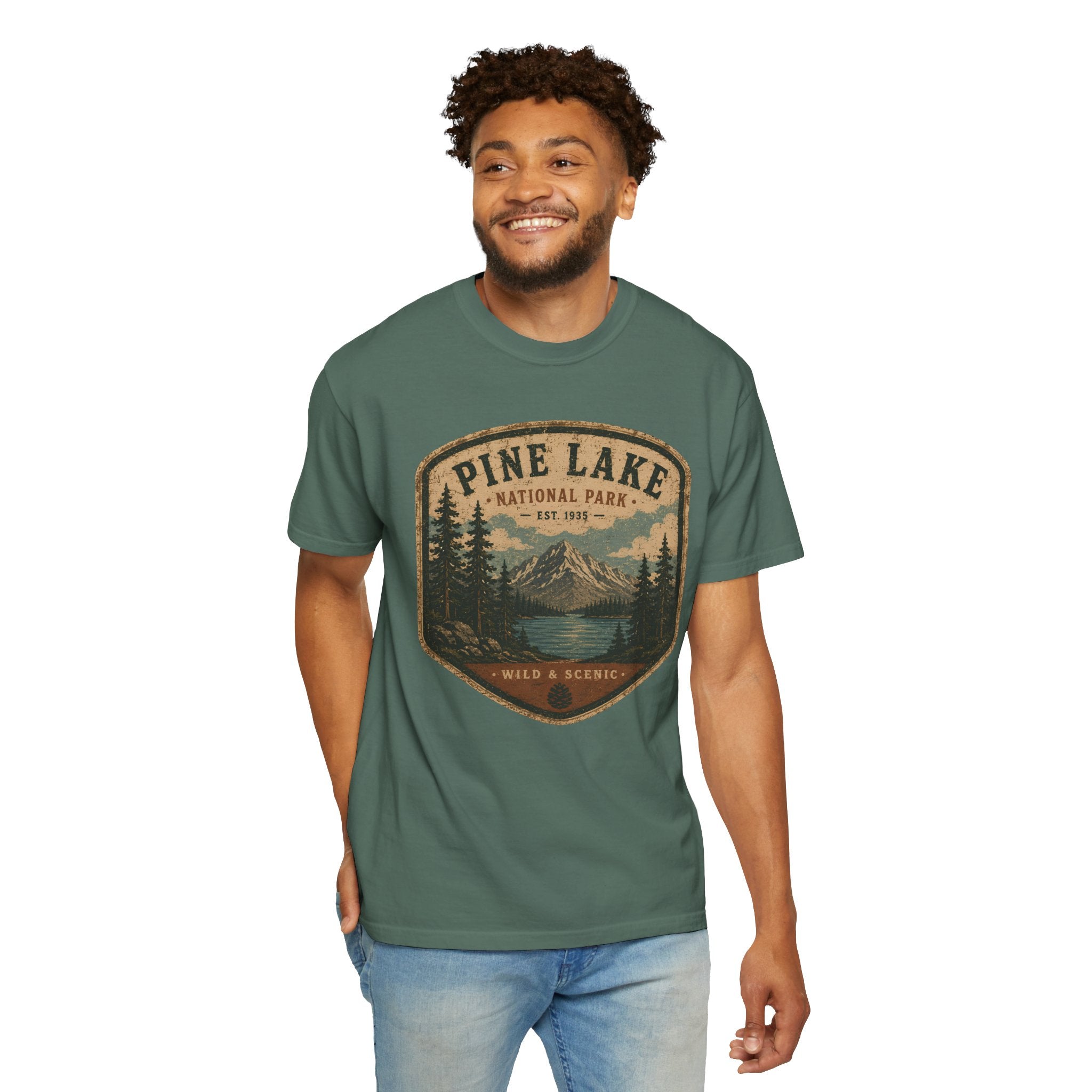 Pine Lake National Park Badge T-Shirt | Mountain Lake Forest Graphic
