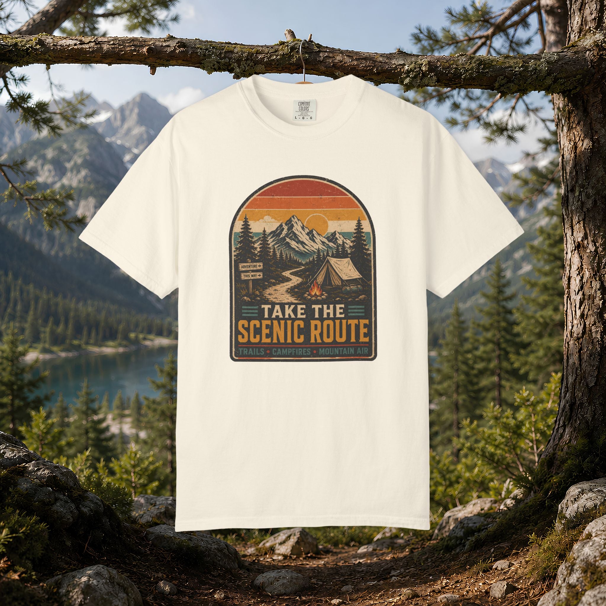 Scenic Route Camping T-Shirt — Retro Mountains & Tent Outdoor Tee