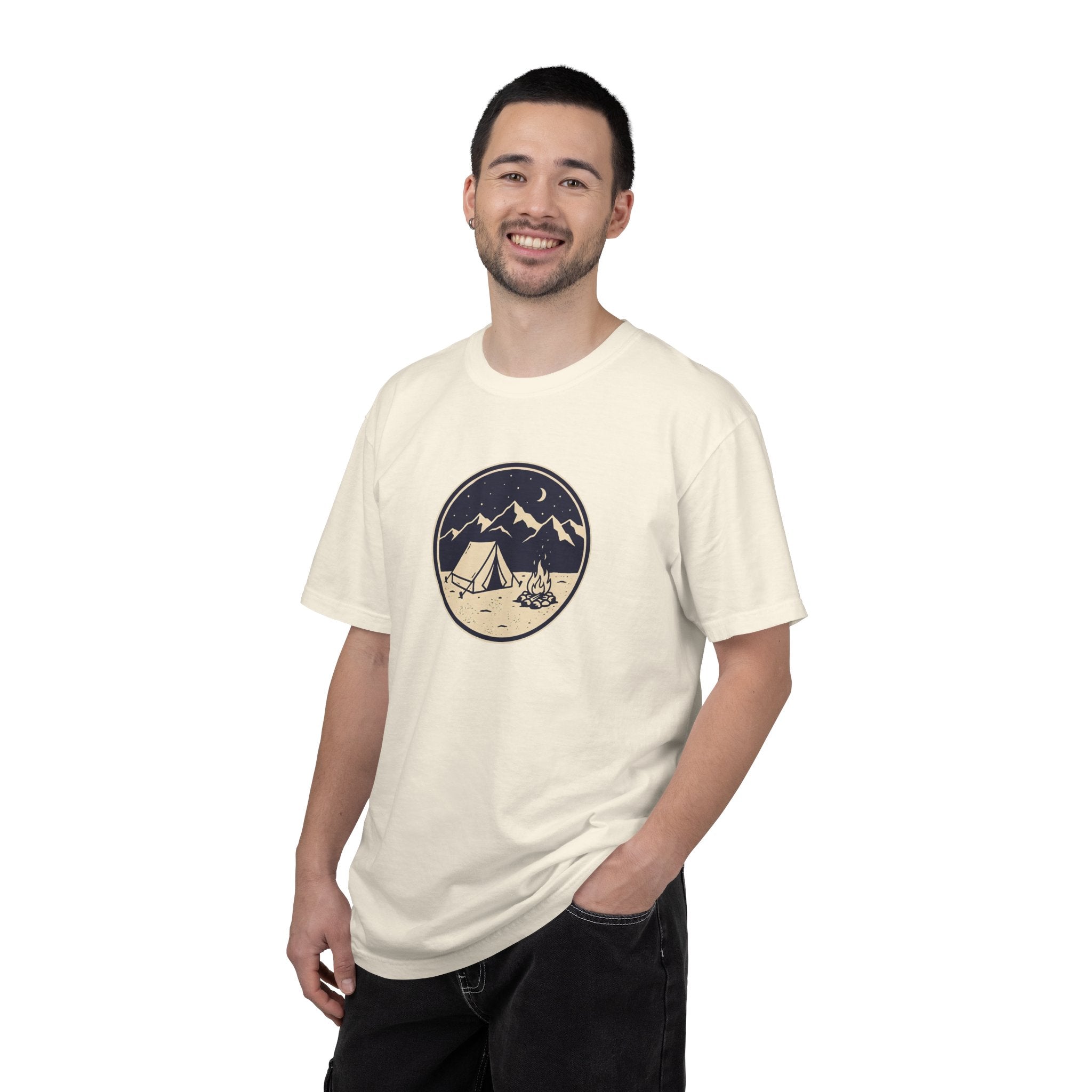 Mountain Camping Circle Art T-shirt | Tent Campfire Outdoors Tee