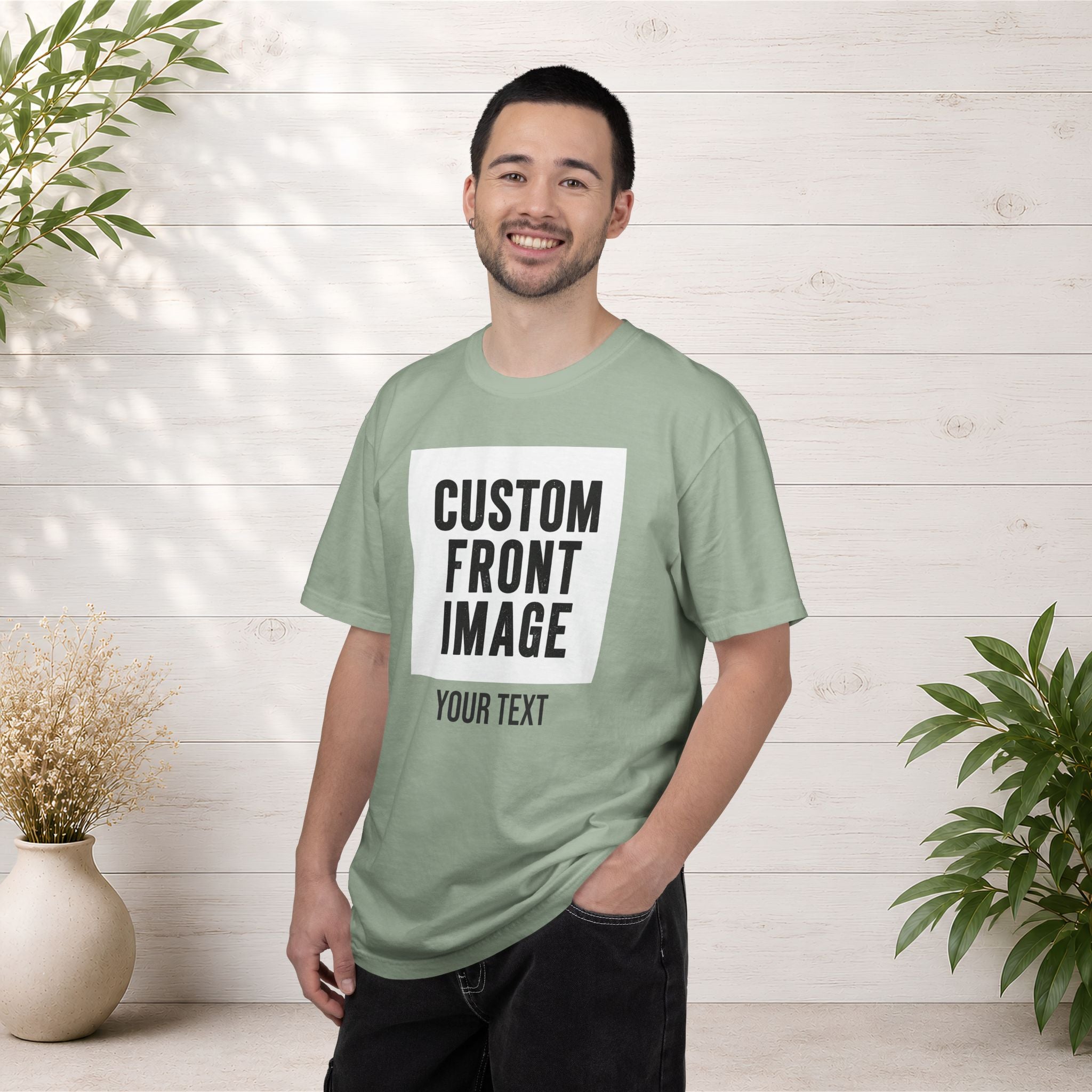 Custom Front Square Print T-Shirt — Personalized Text Bottom & Image Tee