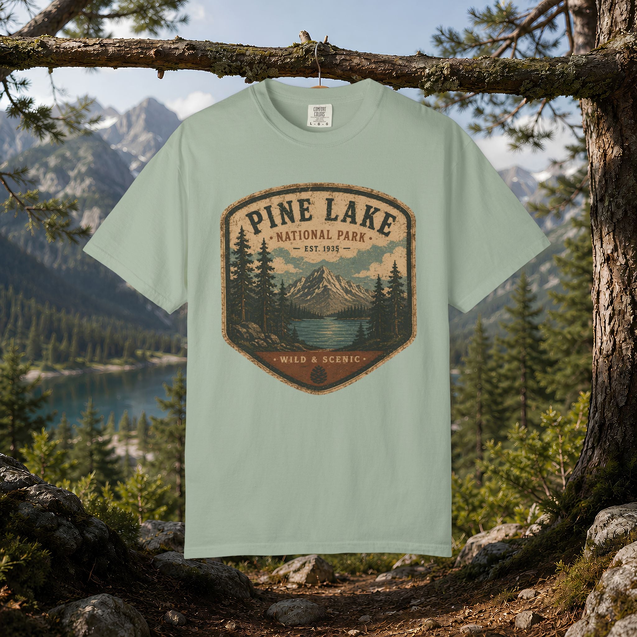 Pine Lake National Park Badge T-Shirt | Mountain Lake Forest Graphic