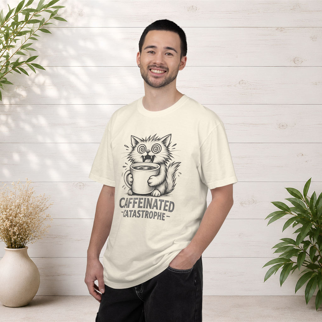 Caffeinated Cat T-Shirt — "Caffeinated Catastrophe" Coffee Lover Tee
