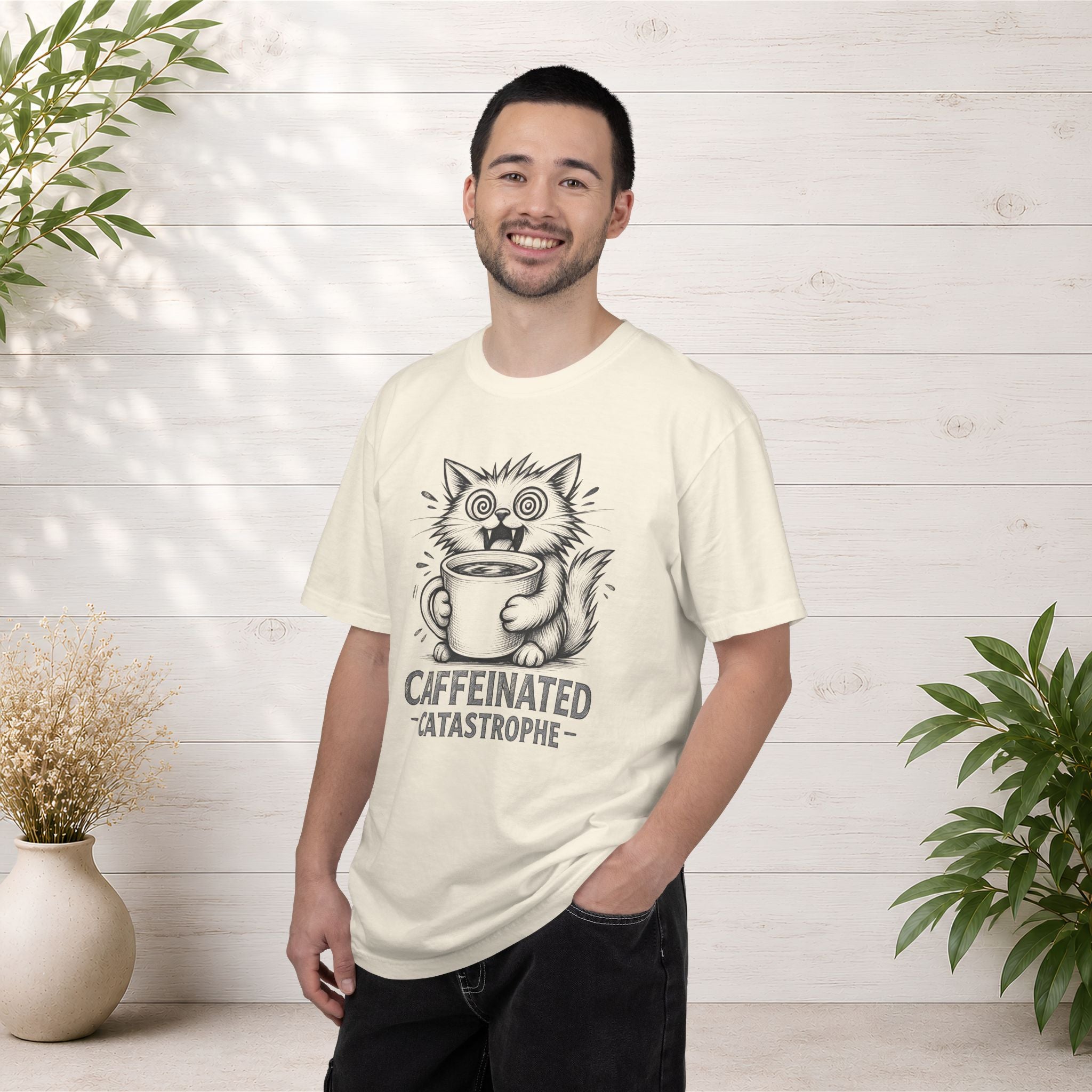 Caffeinated Cat T-Shirt — "Caffeinated Catastrophe" Coffee Lover Tee