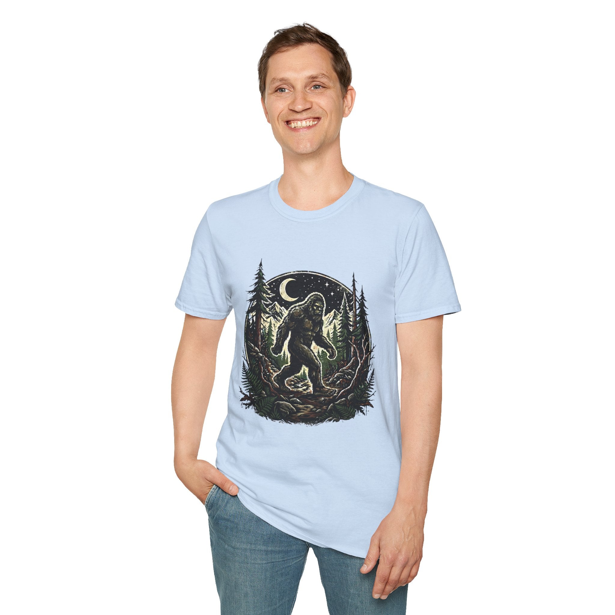 Bigfoot Forest Moon T-Shirt | Sasquatch Night Hiking Design