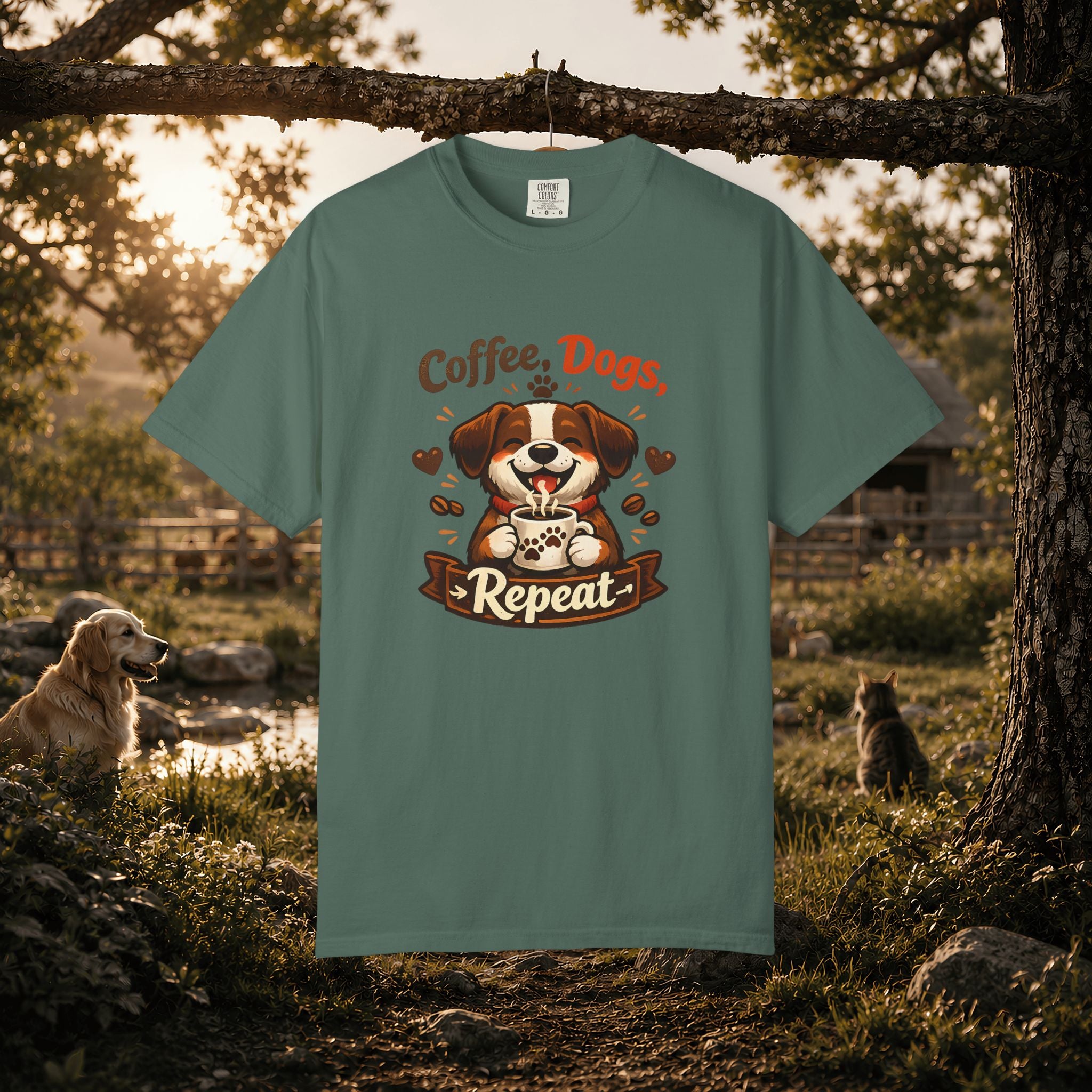 "Coffee, Dogs, Repeat" Cute Dog & Coffee Graphic T-Shirt