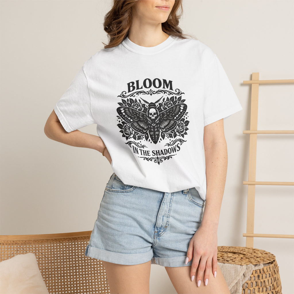 Bloom in the Shadows T-Shirt — Gothic Floral Skull Tee