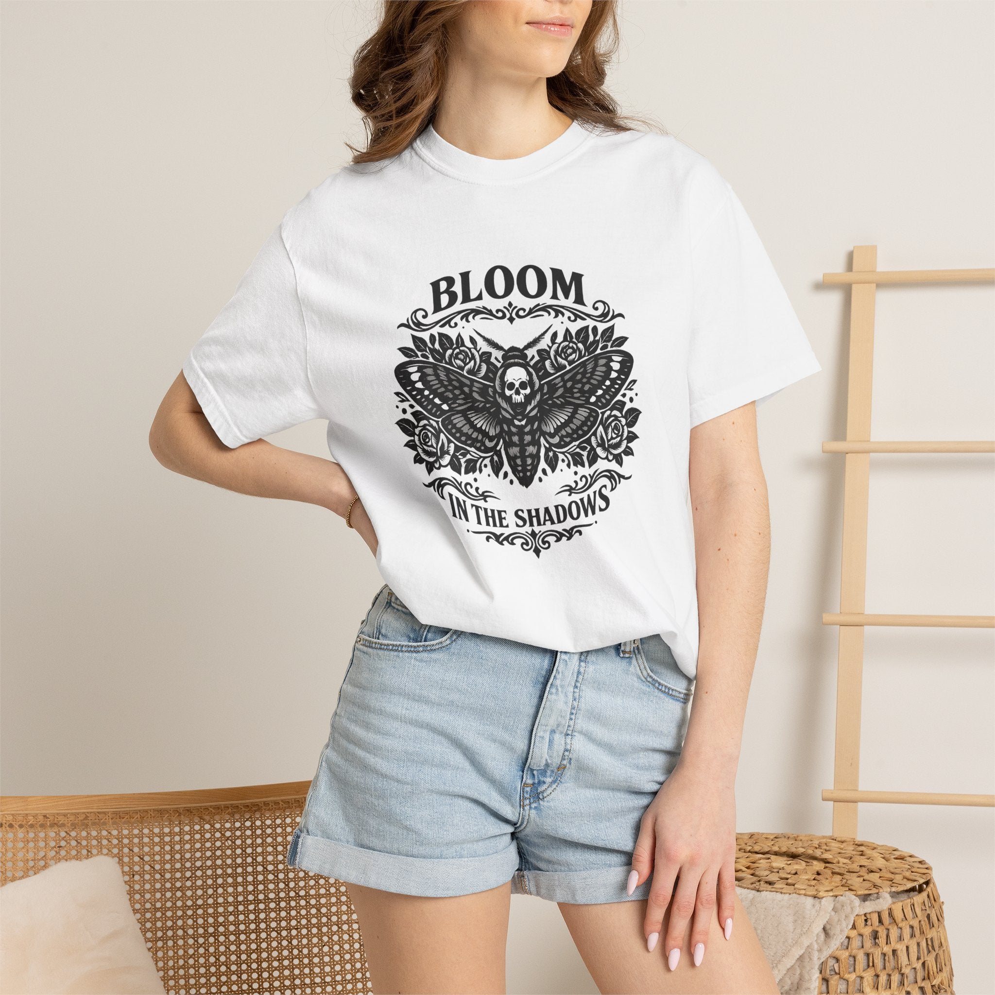 Bloom in the Shadows T-Shirt — Gothic Floral Skull Tee