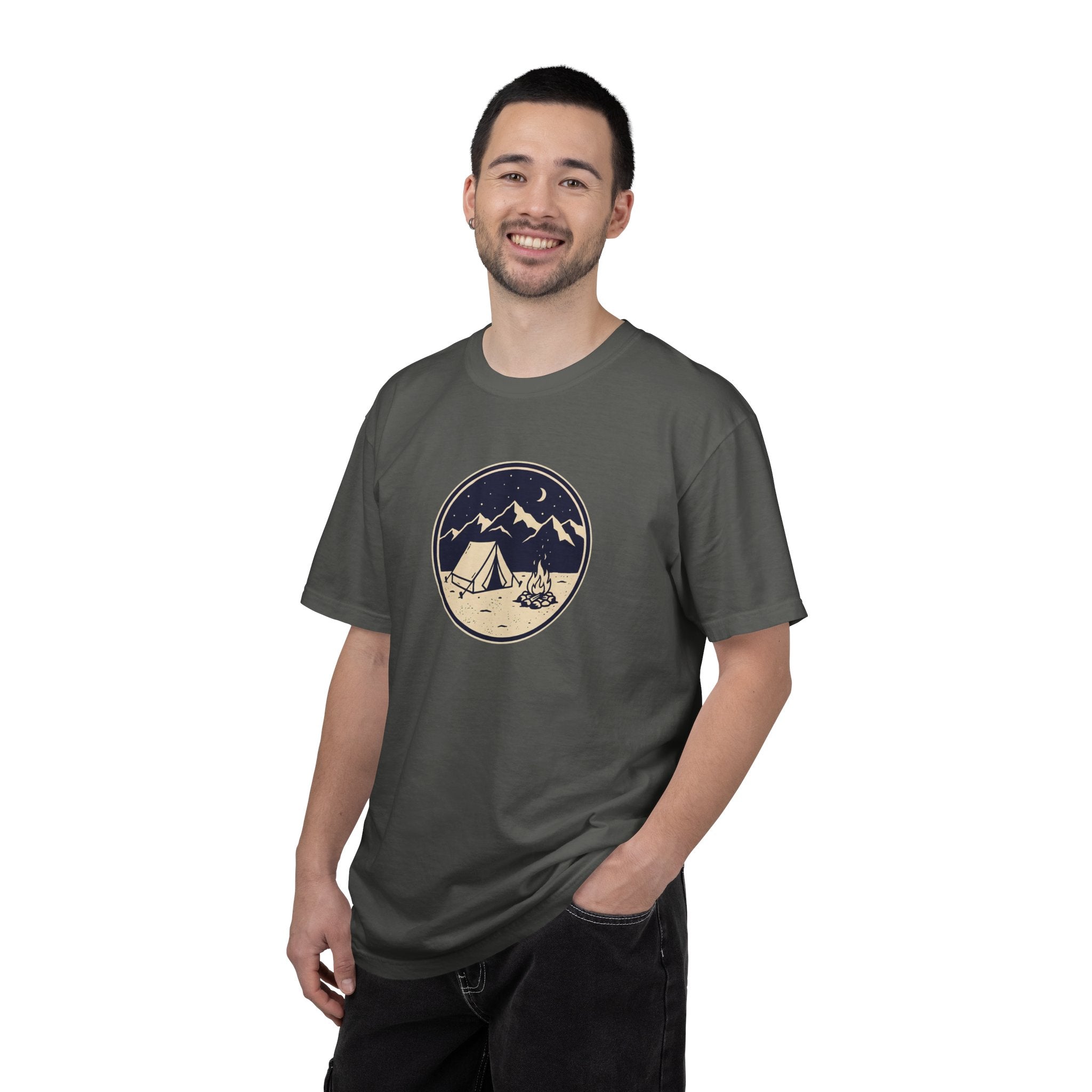 Mountain Camping Circle Art T-shirt | Tent Campfire Outdoors Tee
