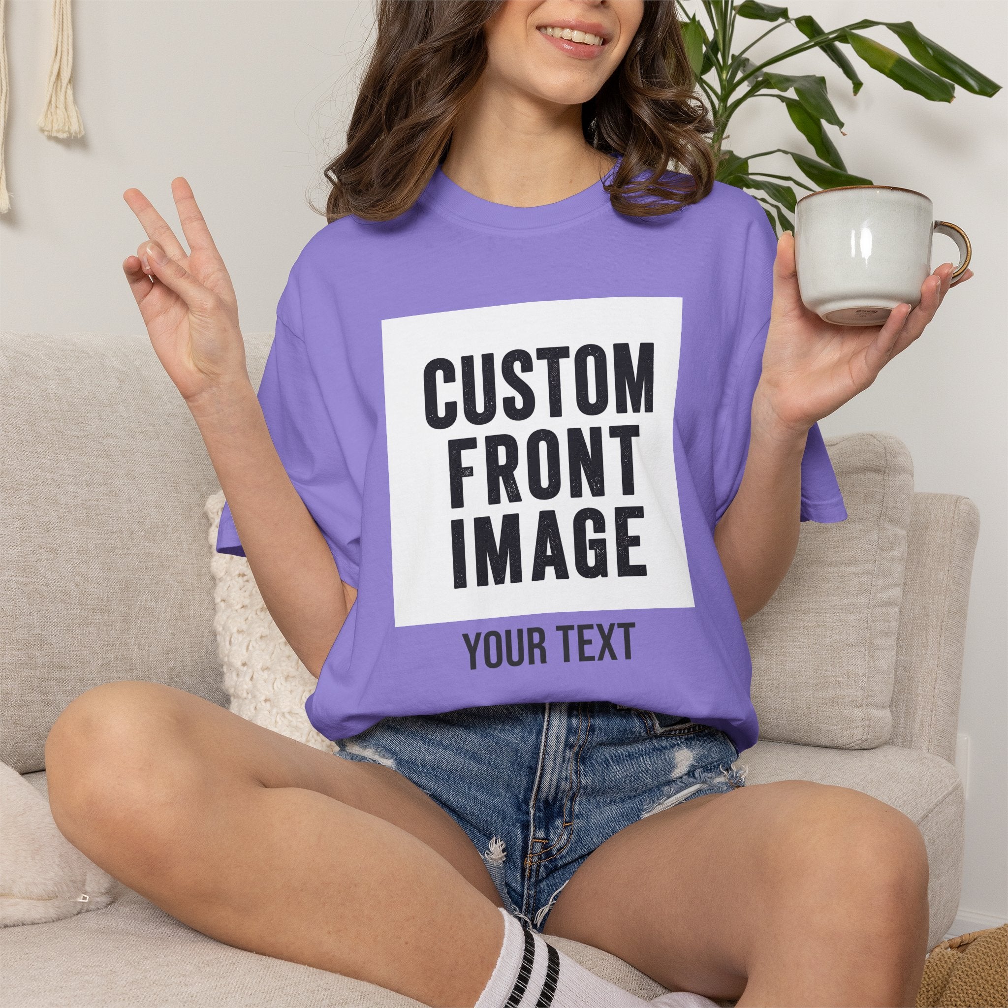 Custom Front Square Print T-Shirt — Personalized Text Bottom & Image Tee