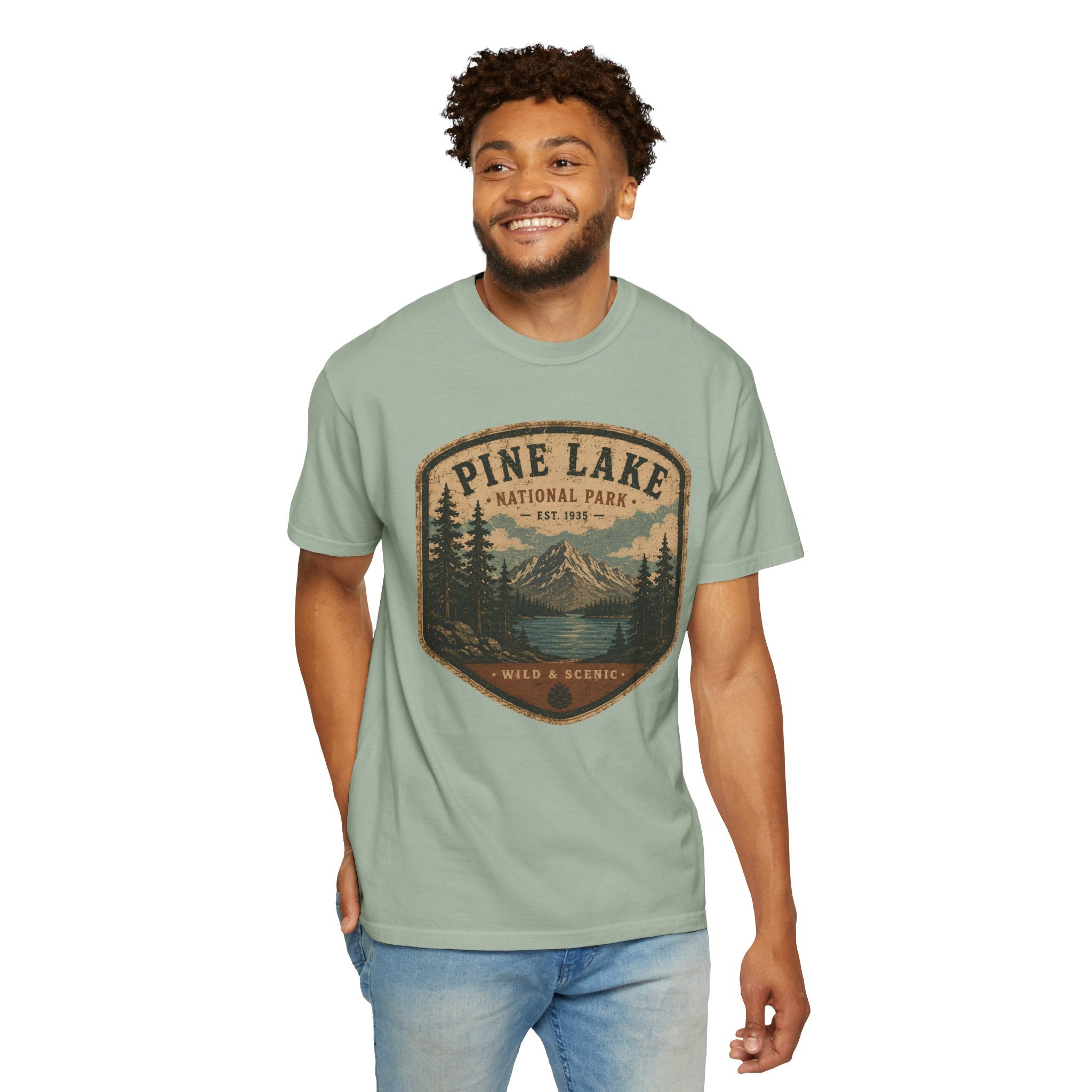 Pine Lake National Park Badge T-Shirt | Mountain Lake Forest Graphic