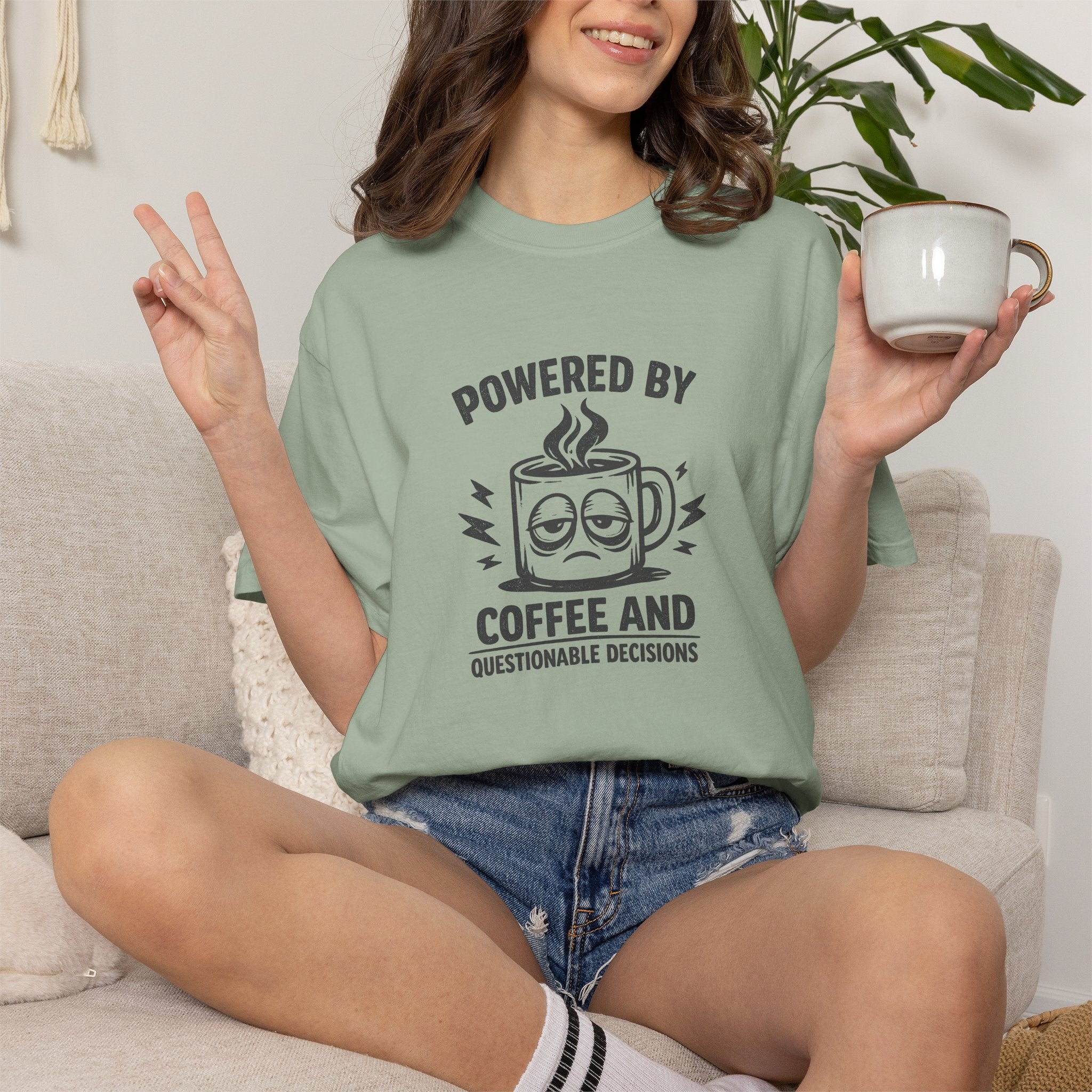 Coffee & Questionable Decisions T-Shirt – Powered by Coffee Graphic Tee
