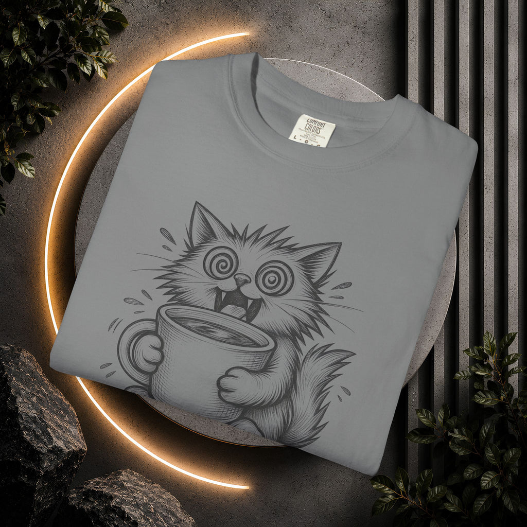 Caffeinated Cat T-Shirt — "Caffeinated Catastrophe" Coffee Lover Tee