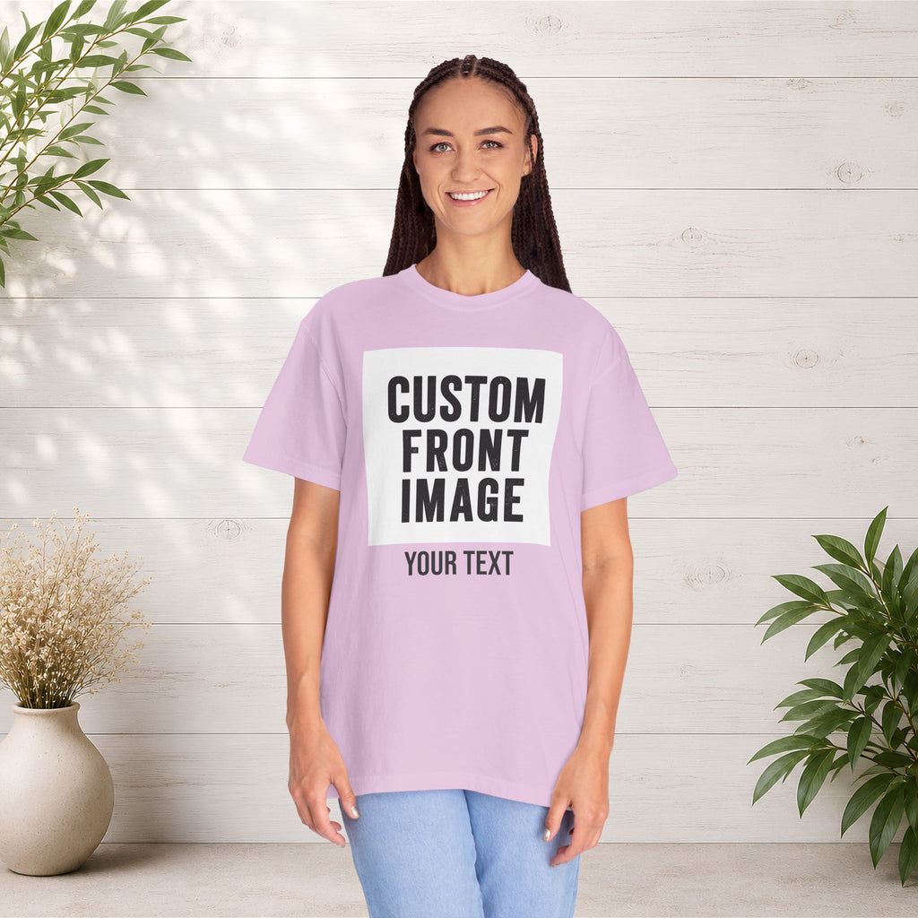 Custom Front Square Print T-Shirt — Personalized Text Bottom & Image Tee