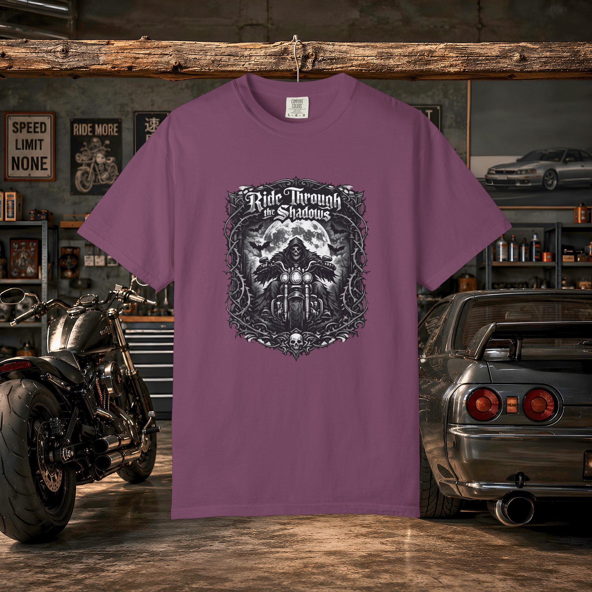 Ride Through Shadows T-Shirt — Gothic Skull Motorcycle Graphic Tee