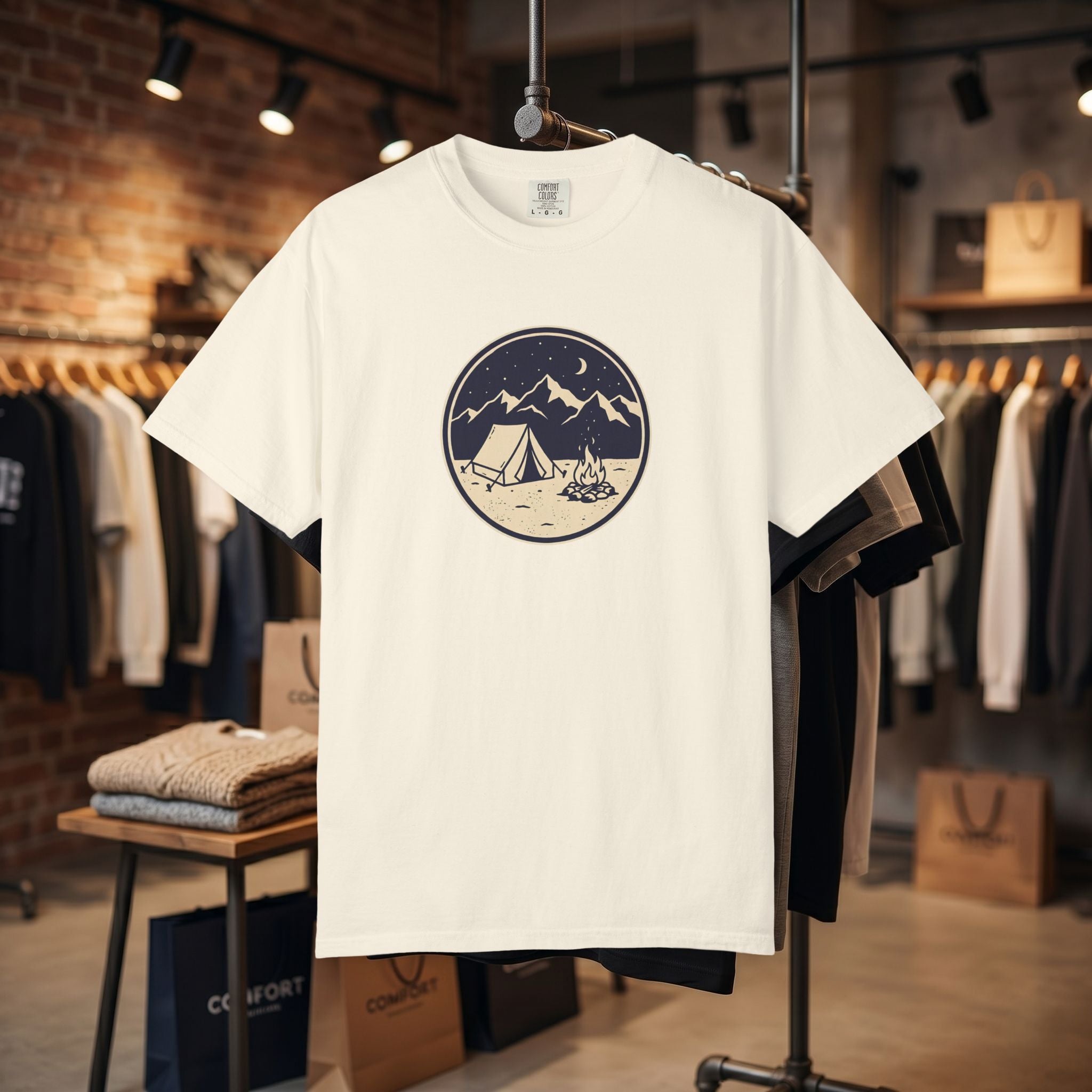 Mountain Camping Circle Art T-shirt | Tent Campfire Outdoors Tee