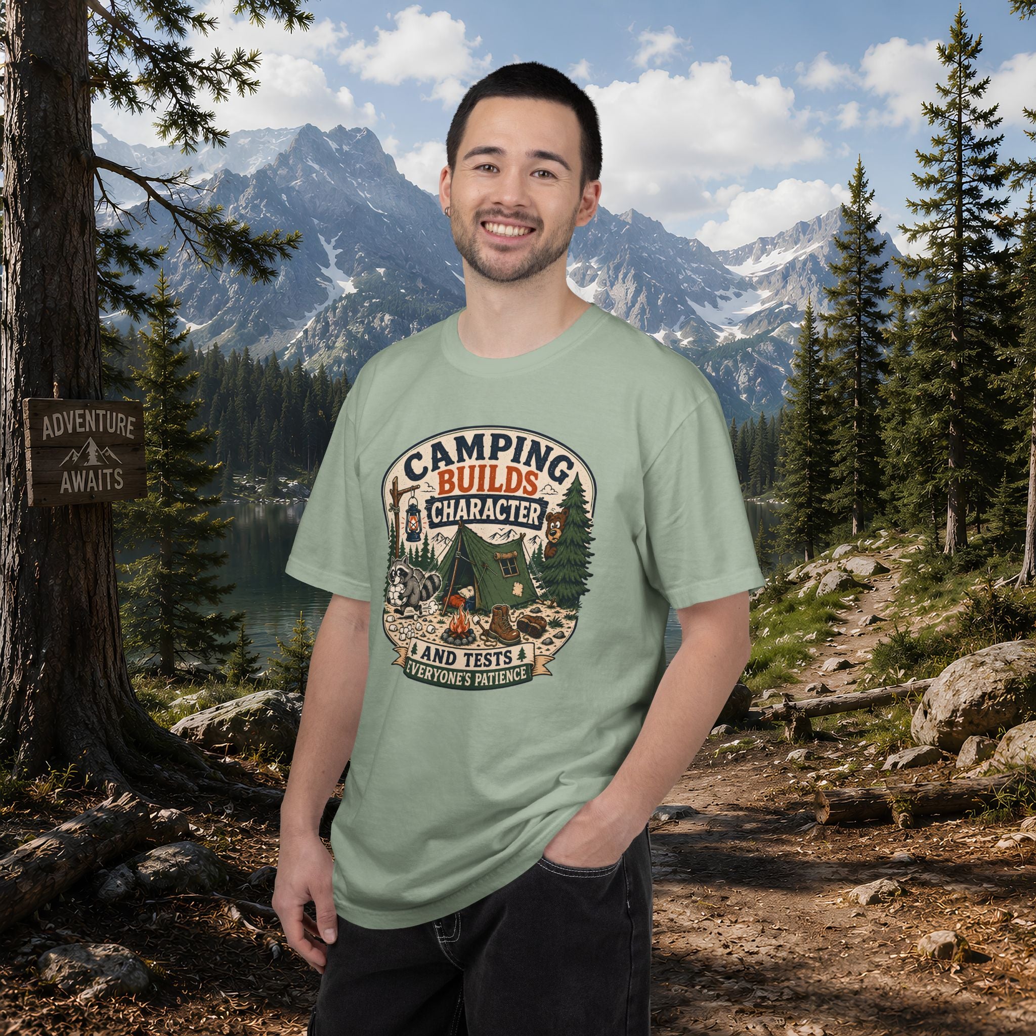 Camping Builds Character T-Shirt — Vintage Tent, Forest & Campfire Outdoor Tee