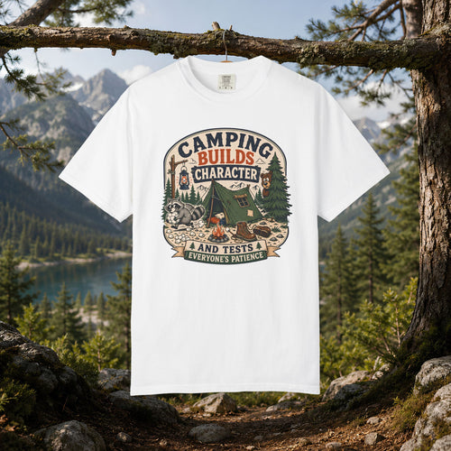 Camping Builds Character T-Shirt — Vintage Tent, Forest & Campfire Outdoor Tee