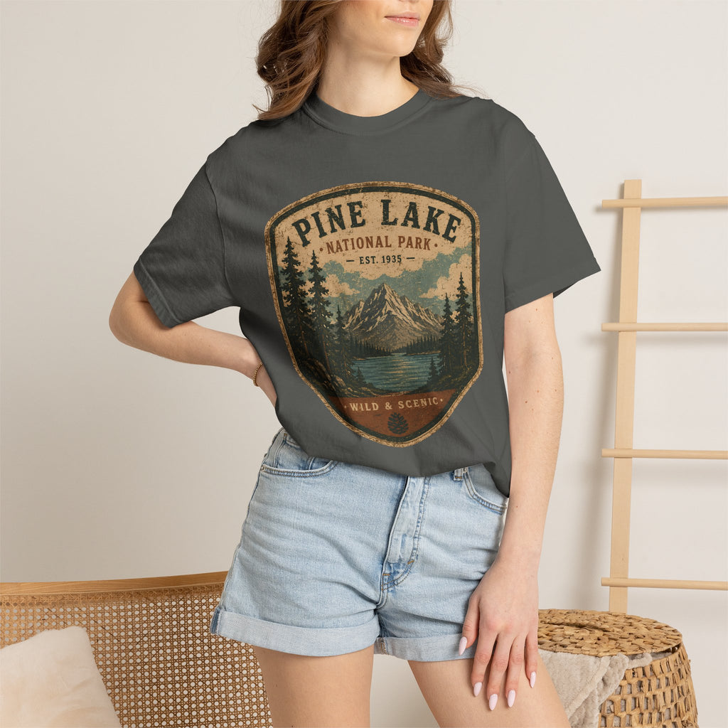 Pine Lake National Park Badge T-Shirt | Mountain Lake Forest Graphic