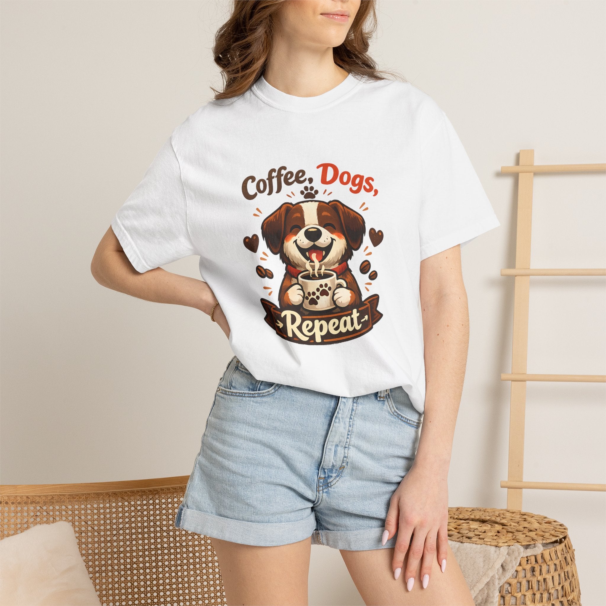 "Coffee, Dogs, Repeat" Cute Dog & Coffee Graphic T-Shirt