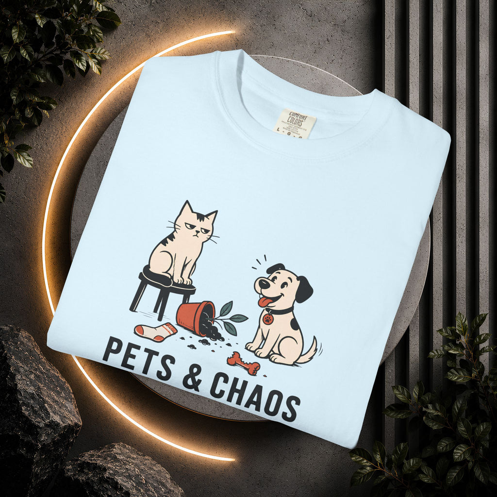 Pets & Chaos Graphic T-Shirt — Funny Cat and Dog Design
