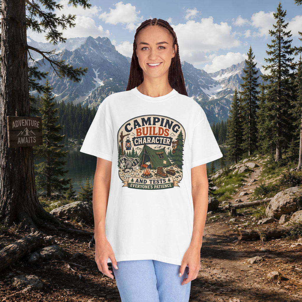 Camping Builds Character T-Shirt — Vintage Tent, Forest & Campfire Outdoor Tee