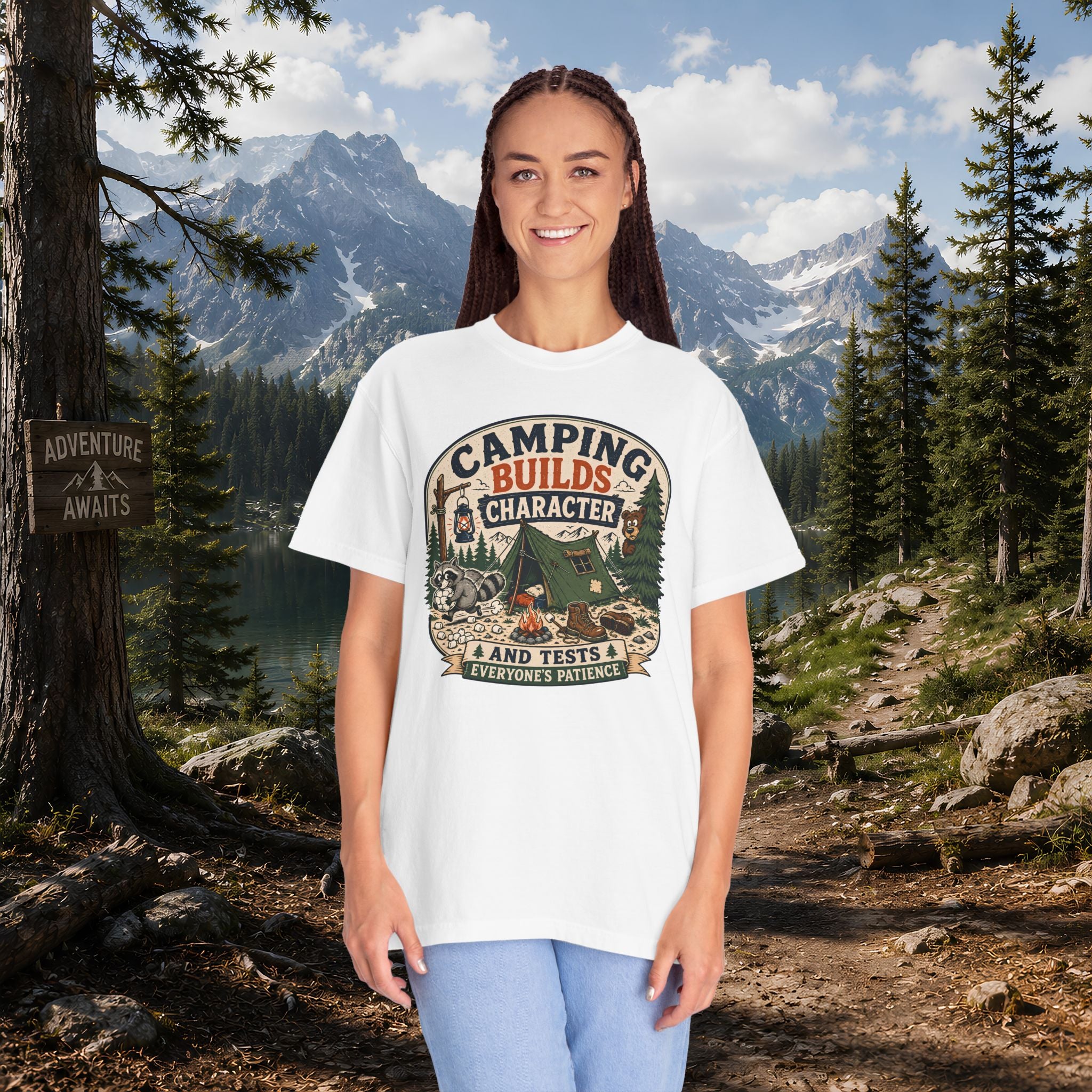 Camping Builds Character T-Shirt — Vintage Tent, Forest & Campfire Outdoor Tee