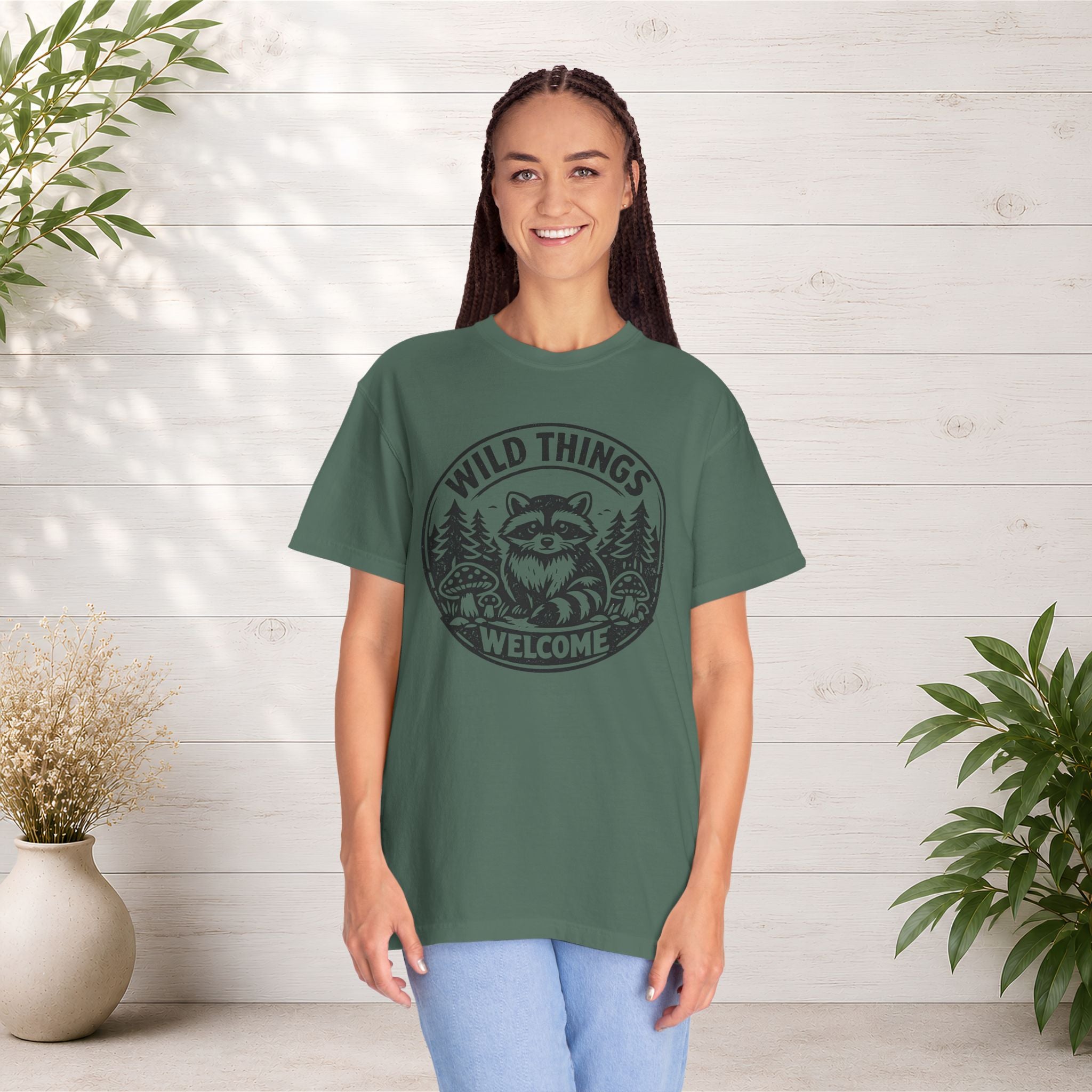 “Wild Things Welcome” Raccoon Forest Graphic T-Shirt