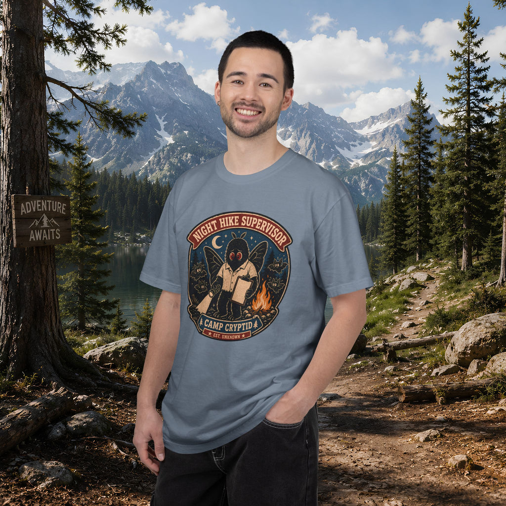 Night Hike Supervisor Mothman T‑Shirt — Camp Cryptid Retro Outdoor Badge