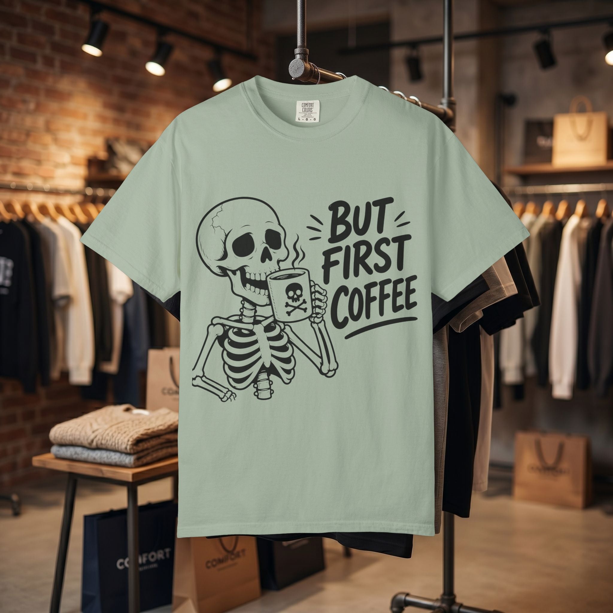 Skeleton Holding Coffee But First Coffee T-Shirt | Coffee Lover Tee