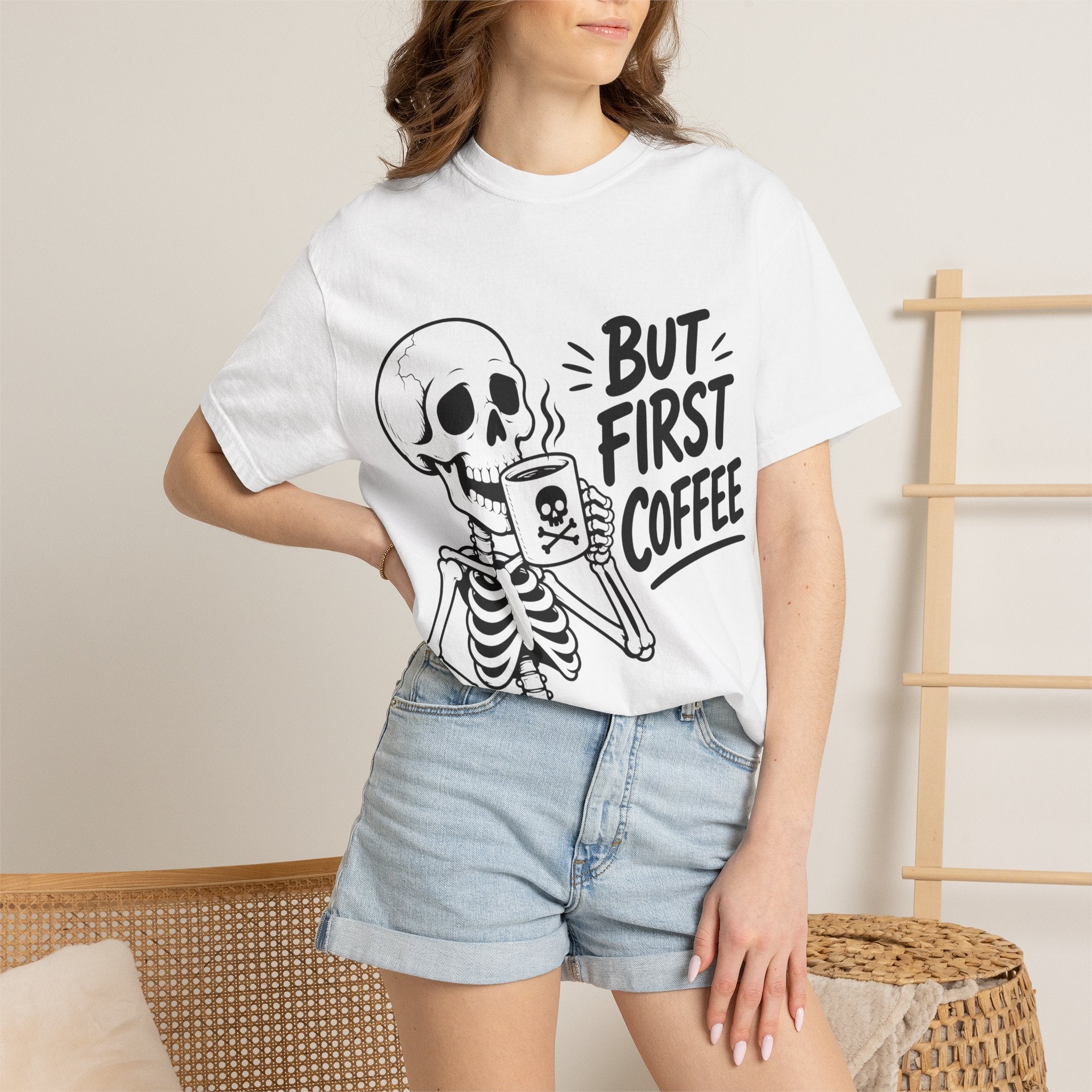 Skeleton Holding Coffee But First Coffee T-Shirt | Coffee Lover Tee