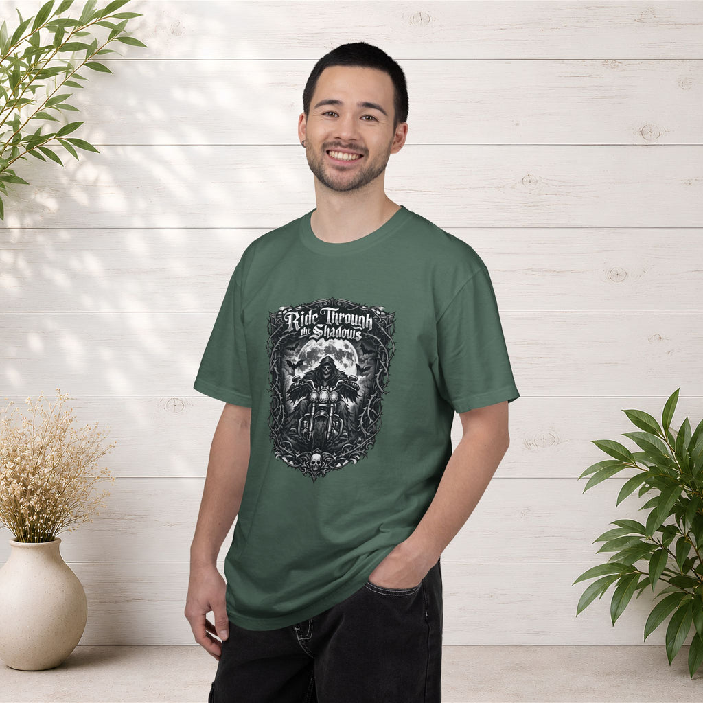 Ride Through Shadows T-Shirt — Gothic Skull Motorcycle Graphic Tee