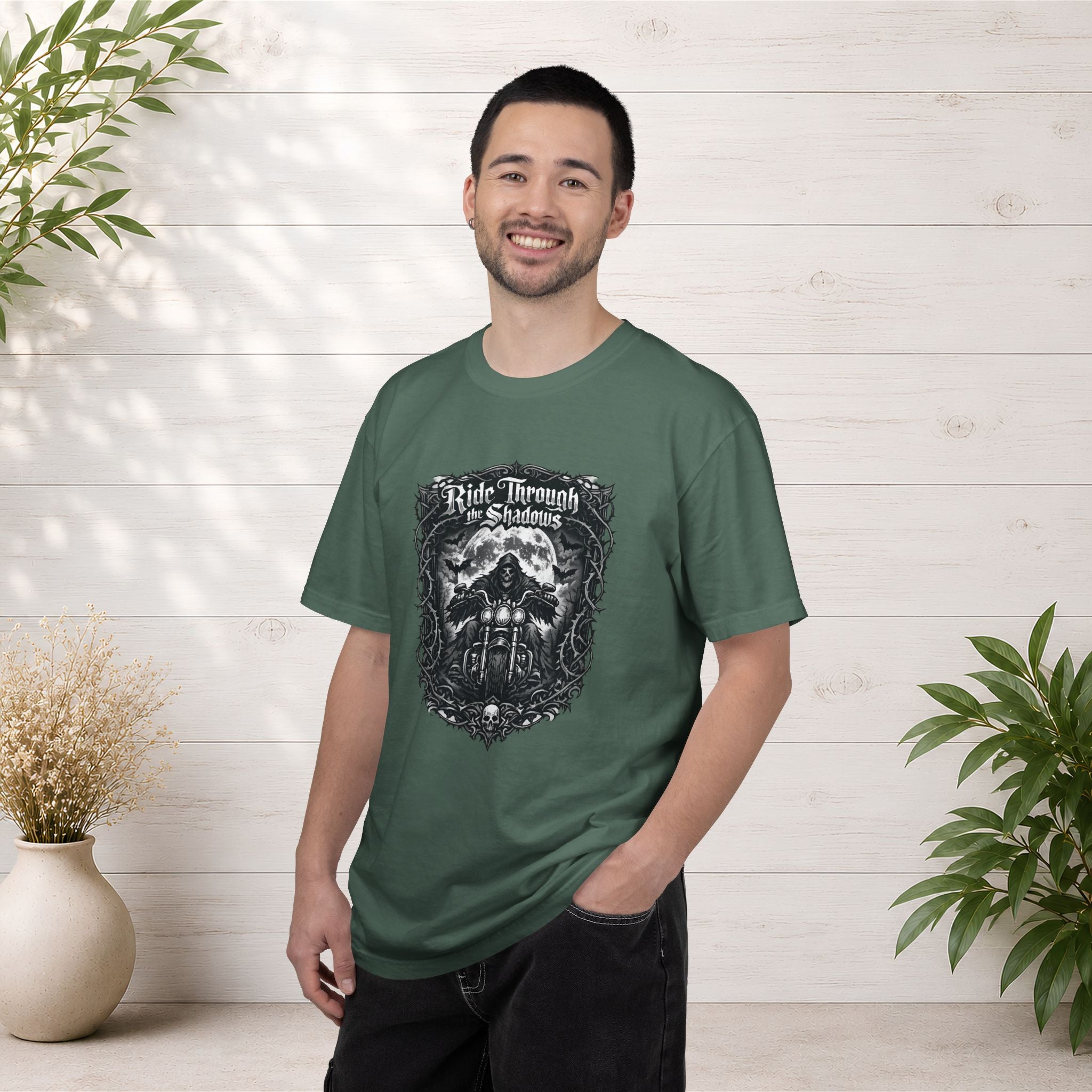 Ride Through Shadows T-Shirt — Gothic Skull Motorcycle Graphic Tee