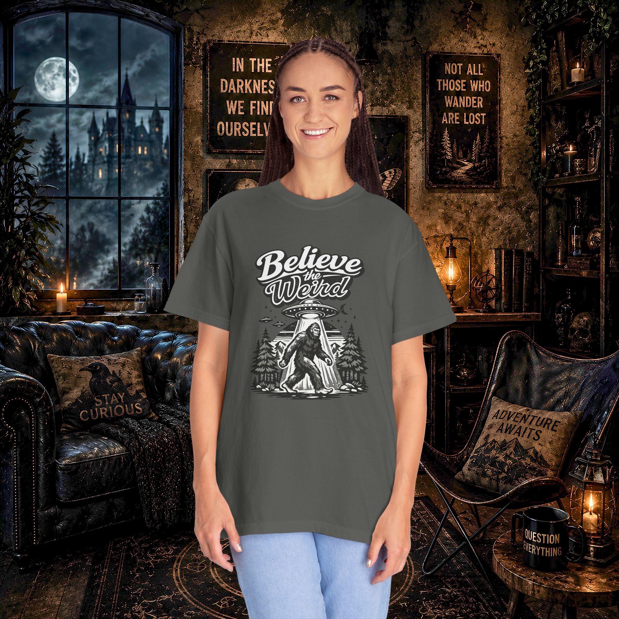 Believe the Weird T-Shirt — Bigfoot Forest UFO Graphic Tee
