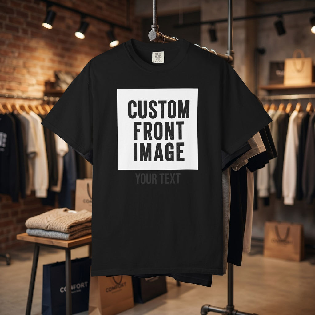 Custom Front Square Print T-Shirt — Personalized Text Bottom & Image Tee